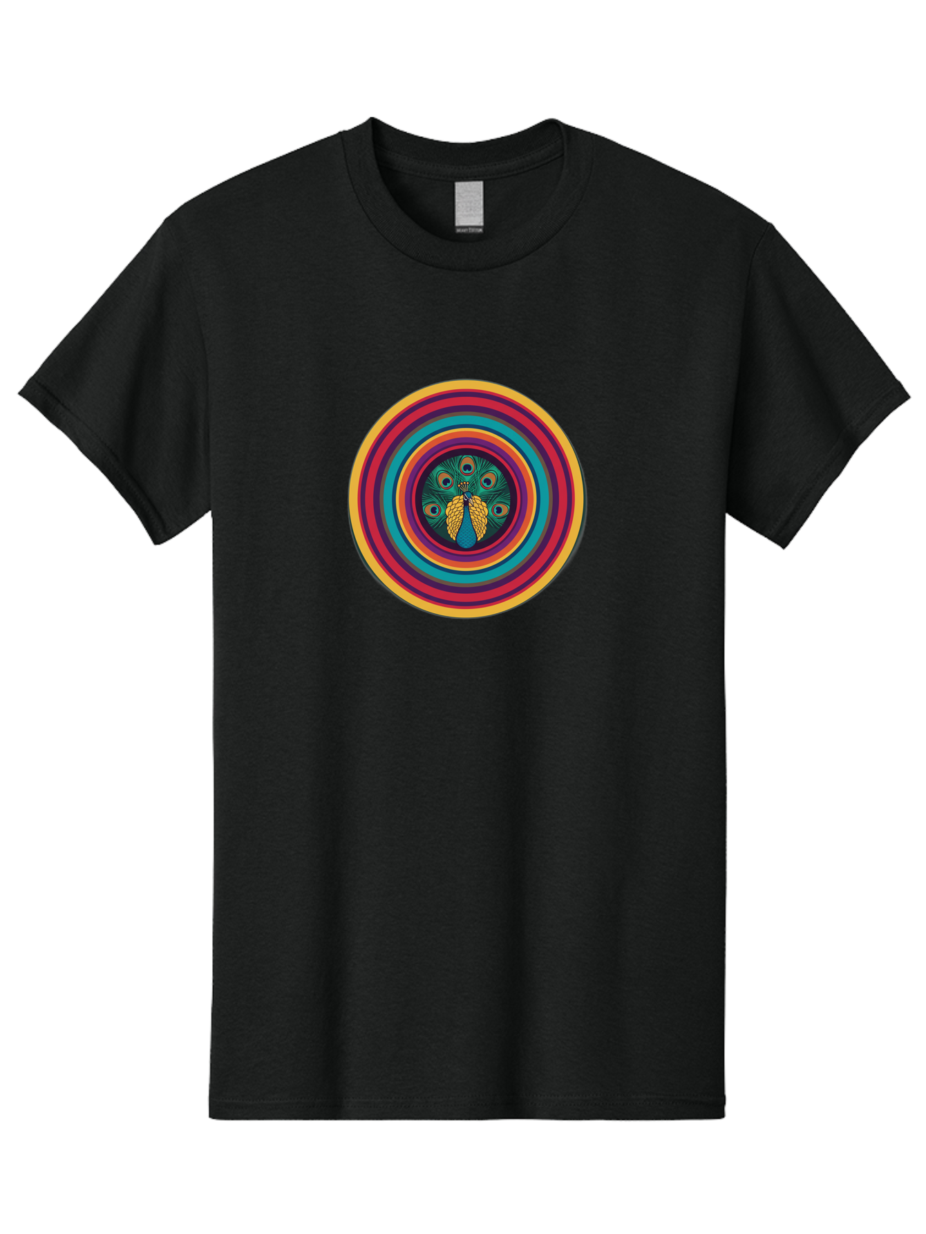 Peacock-Feathers-2 Men'S Graphic Tee, 100% Cotton, Comfortable Casual Summer Wear, Machine Washable, Peacock Feather, Bohemian Style, Vibrant Colors, Colorful Rings, Abstract Art, Hypnotic Patterns, Nature-Inspired Design, Circular Motif, Bab121 27