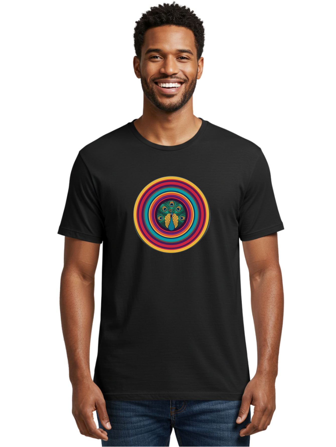 Peacock-Feathers-2 Men'S Graphic Tee, 100% Cotton, Comfortable Casual Summer Wear, Machine Washable, Peacock Feather, Bohemian Style, Vibrant Colors, Colorful Rings, Abstract Art, Hypnotic Patterns, Nature-Inspired Design, Circular Motif, Bab121 28