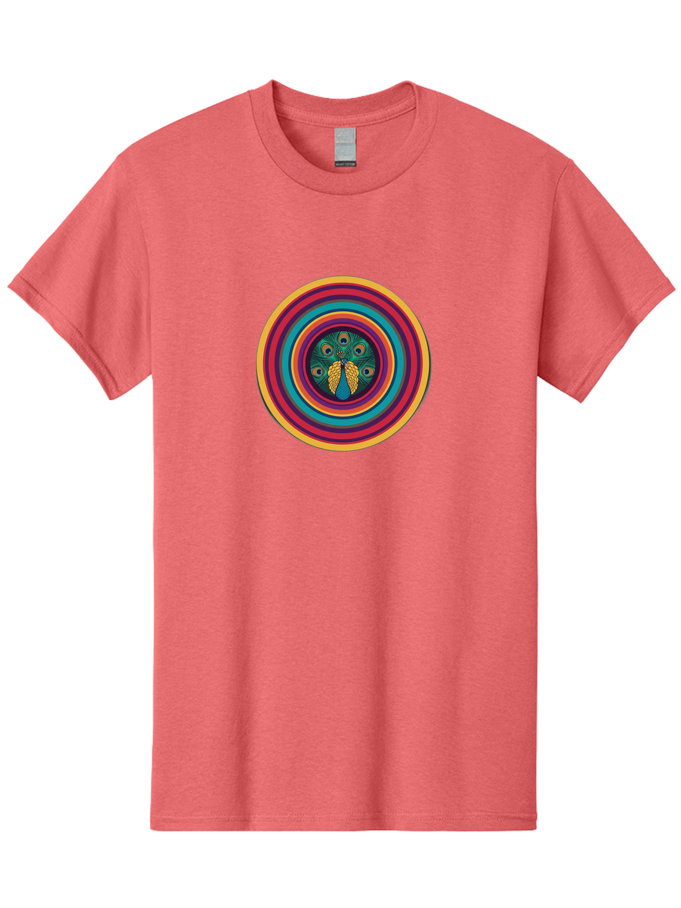 Peacock-Feathers-2 Men'S Graphic Tee, 100% Cotton, Comfortable Casual Summer Wear, Machine Washable, Peacock Feather, Bohemian Style, Vibrant Colors, Colorful Rings, Abstract Art, Hypnotic Patterns, Nature-Inspired Design, Circular Motif, Bab121