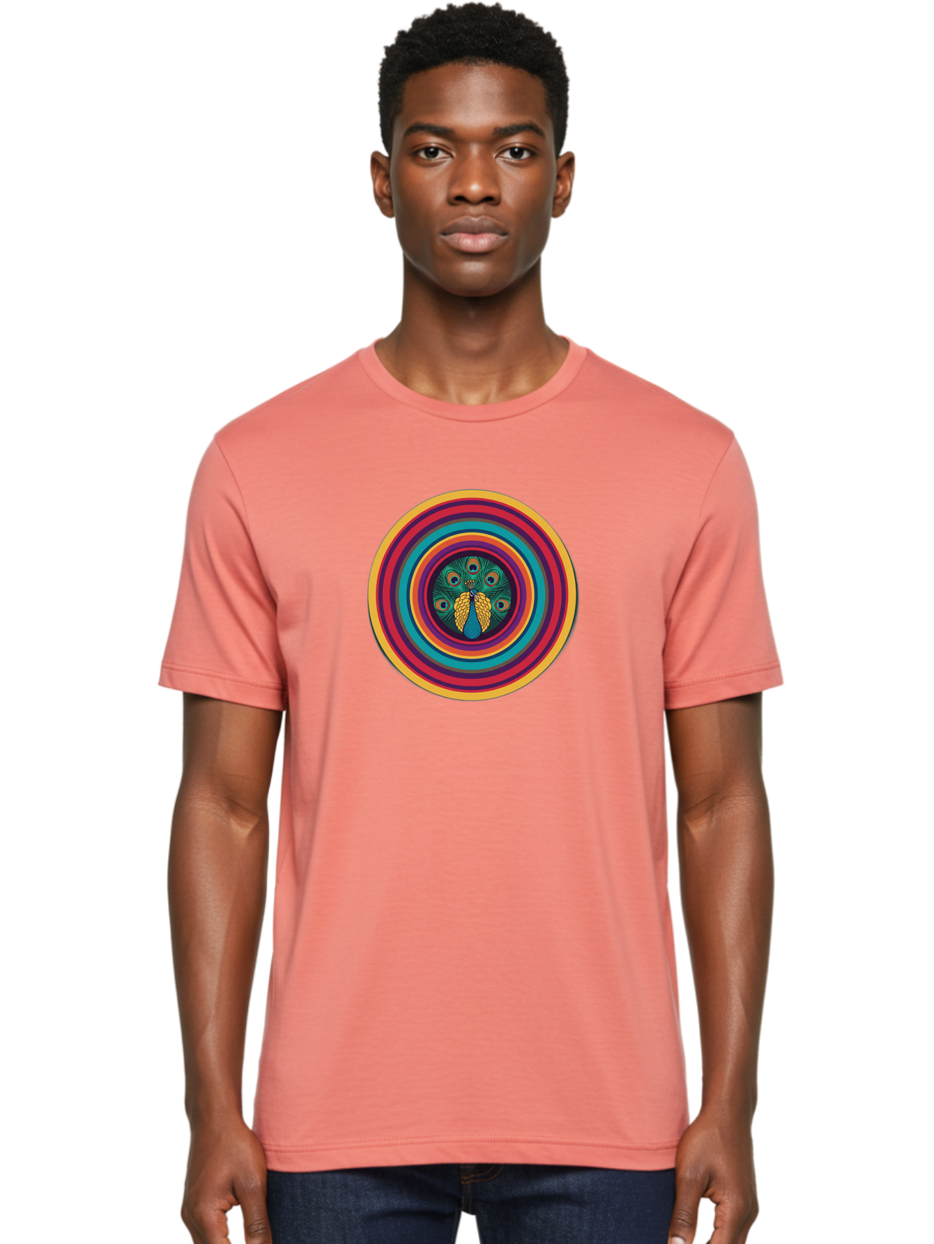 Peacock-Feathers-2 Men'S Graphic Tee, 100% Cotton, Comfortable Casual Summer Wear, Machine Washable, Peacock Feather, Bohemian Style, Vibrant Colors, Colorful Rings, Abstract Art, Hypnotic Patterns, Nature-Inspired Design, Circular Motif, Bab121