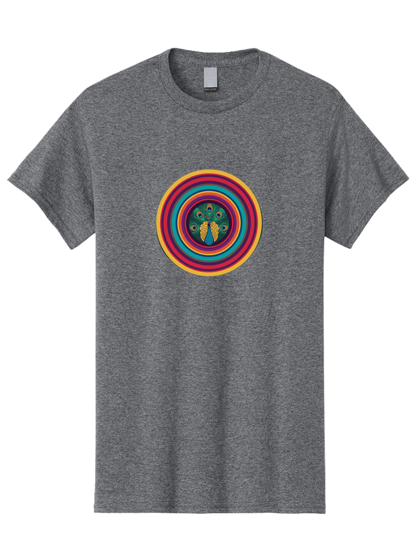 Peacock-Feathers-2 Men'S Graphic Tee, 100% Cotton, Comfortable Casual Summer Wear, Machine Washable, Peacock Feather, Bohemian Style, Vibrant Colors, Colorful Rings, Abstract Art, Hypnotic Patterns, Nature-Inspired Design, Circular Motif, Bab121 11