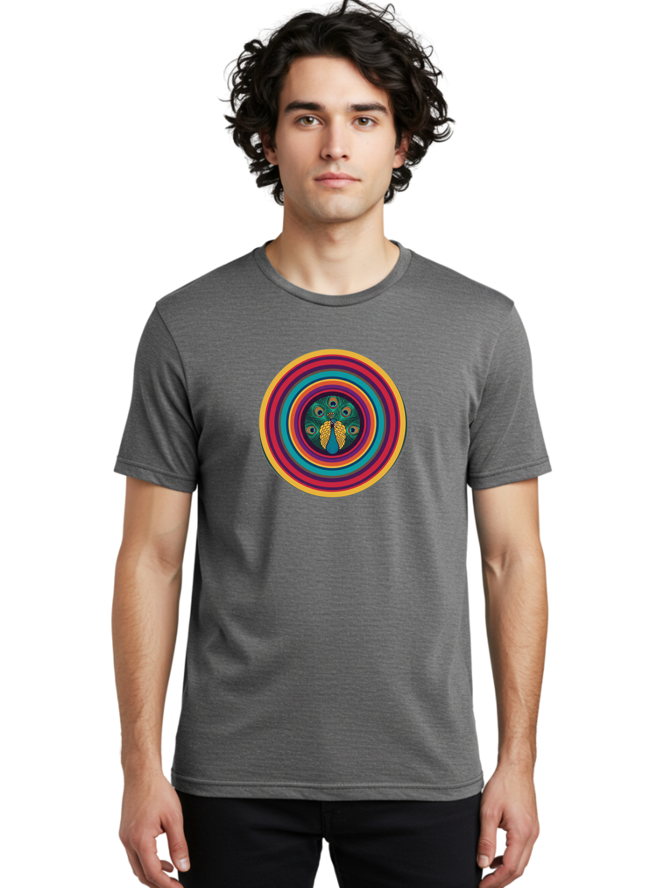 Peacock-Feathers-2 Men'S Graphic Tee, 100% Cotton, Comfortable Casual Summer Wear, Machine Washable, Peacock Feather, Bohemian Style, Vibrant Colors, Colorful Rings, Abstract Art, Hypnotic Patterns, Nature-Inspired Design, Circular Motif, Bab121 12