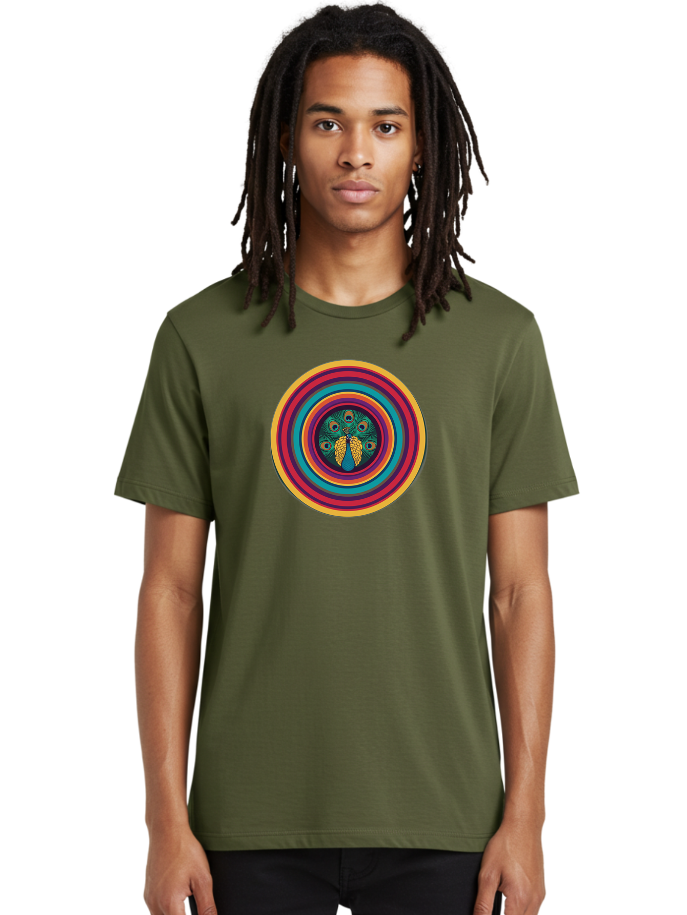 Peacock-Feathers-2 Men'S Graphic Tee, 100% Cotton, Comfortable Casual Summer Wear, Machine Washable, Peacock Feather, Bohemian Style, Vibrant Colors, Colorful Rings, Abstract Art, Hypnotic Patterns, Nature-Inspired Design, Circular Motif, Bab121 18