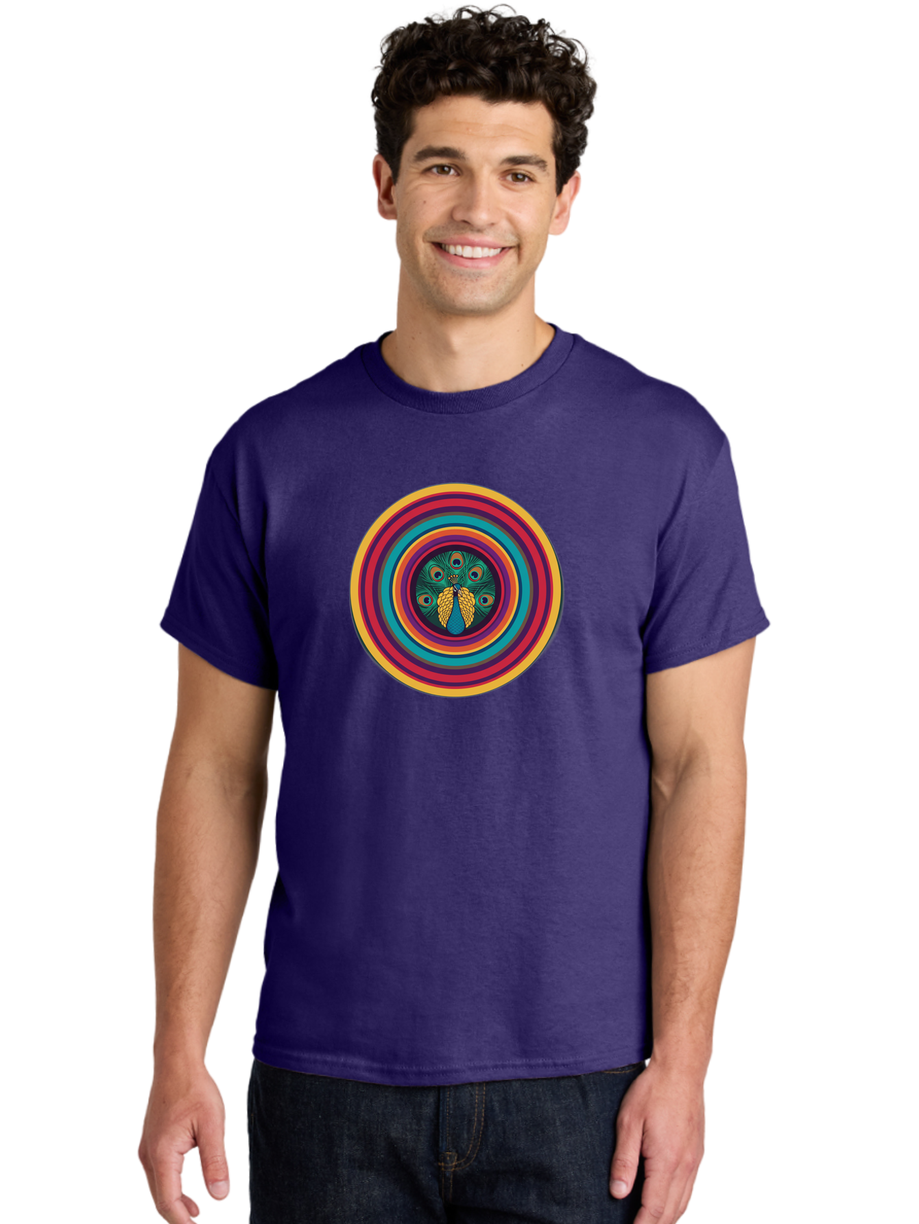 Peacock-Feathers-2 Men'S Graphic Tee, 100% Cotton, Comfortable Casual Summer Wear, Machine Washable, Peacock Feather, Bohemian Style, Vibrant Colors, Colorful Rings, Abstract Art, Hypnotic Patterns, Nature-Inspired Design, Circular Motif, Bab121 24