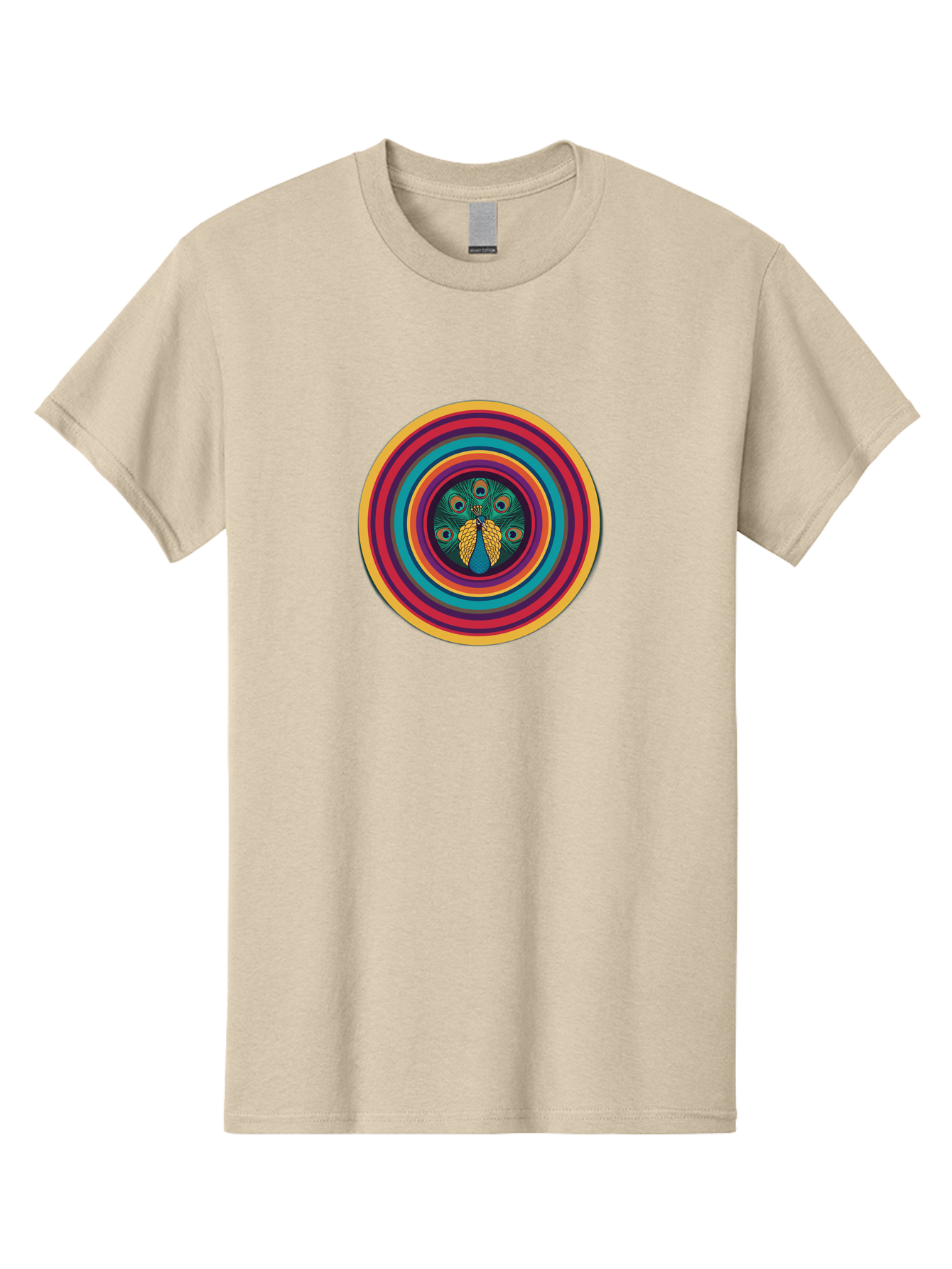 Peacock-Feathers-2 Men'S Graphic Tee, 100% Cotton, Comfortable Casual Summer Wear, Machine Washable, Peacock Feather, Bohemian Style, Vibrant Colors, Colorful Rings, Abstract Art, Hypnotic Patterns, Nature-Inspired Design, Circular Motif, Bab121 3
