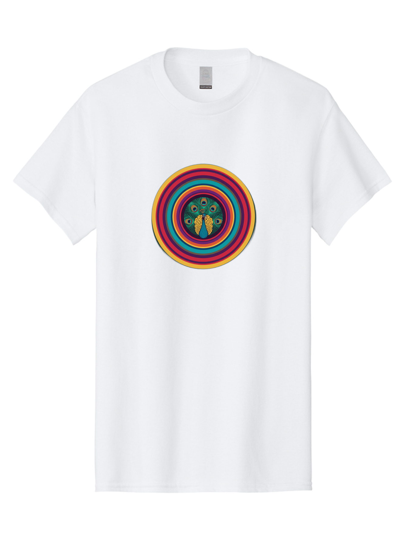 Peacock-Feathers-2 Men'S Graphic Tee, 100% Cotton, Comfortable Casual Summer Wear, Machine Washable, Peacock Feather, Bohemian Style, Vibrant Colors, Colorful Rings, Abstract Art, Hypnotic Patterns, Nature-Inspired Design, Circular Motif, Bab121 7