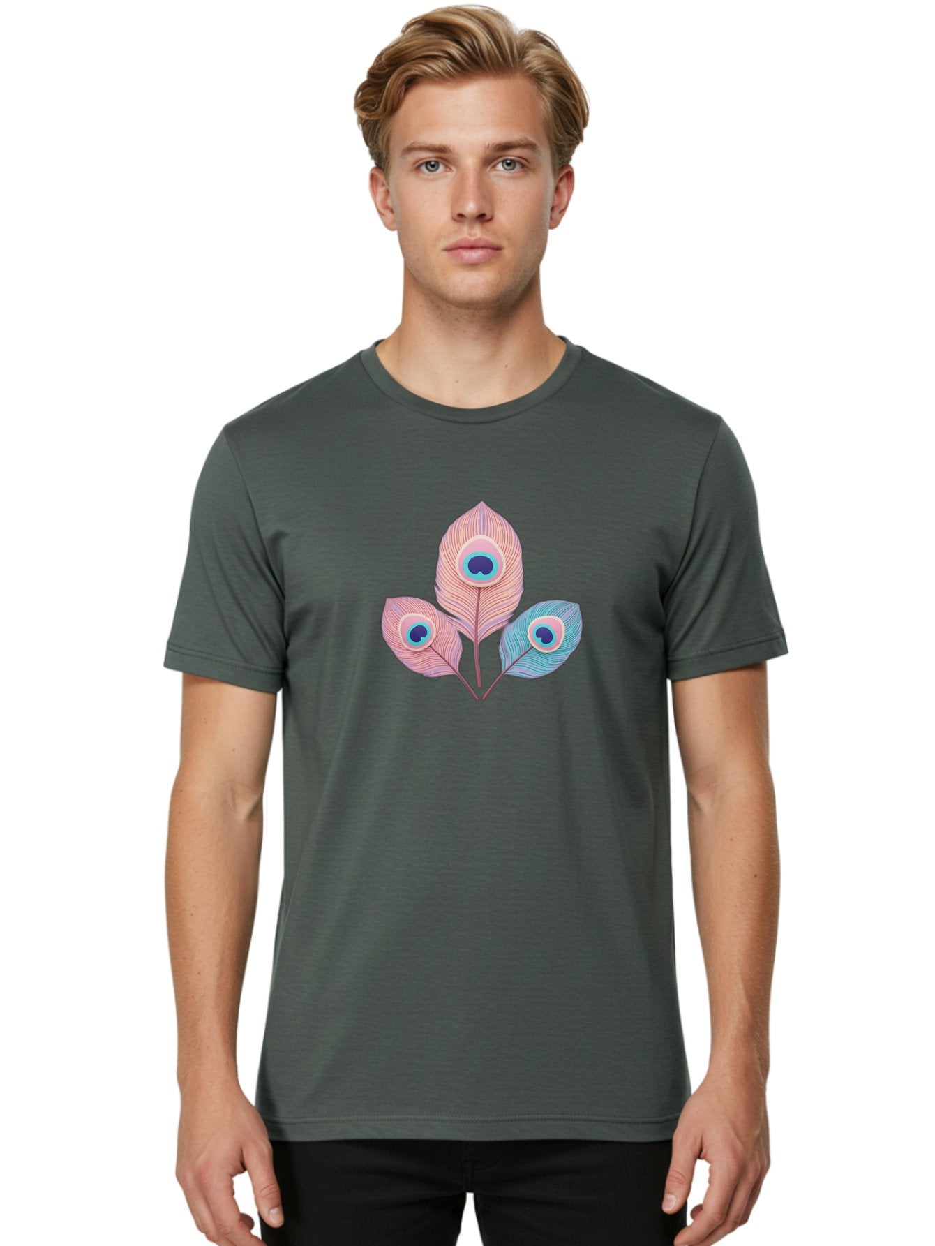 Peacock-Feathers-Graphic Men'S Graphic Tee, 100% Cotton, Comfortable Casual Summer Wear, Machine Washable, Peacock Feathers, Vibrant Colors, Pastel Hues, Eye-Catching Design, Bird Plumage, Decorative Elements, Artistic Patterns, Bab122 16