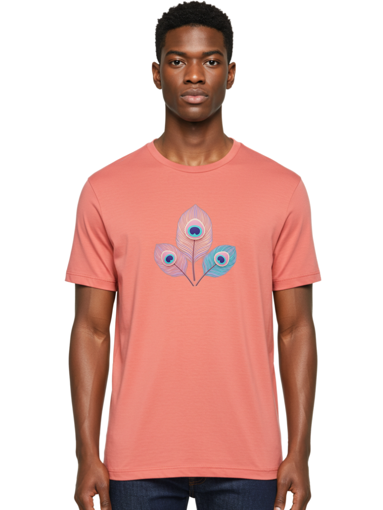 Peacock-Feathers-Graphic Men'S Graphic Tee, 100% Cotton, Comfortable Casual Summer Wear, Machine Washable, Peacock Feathers, Vibrant Colors, Pastel Hues, Eye-Catching Design, Bird Plumage, Decorative Elements, Artistic Patterns, Bab122