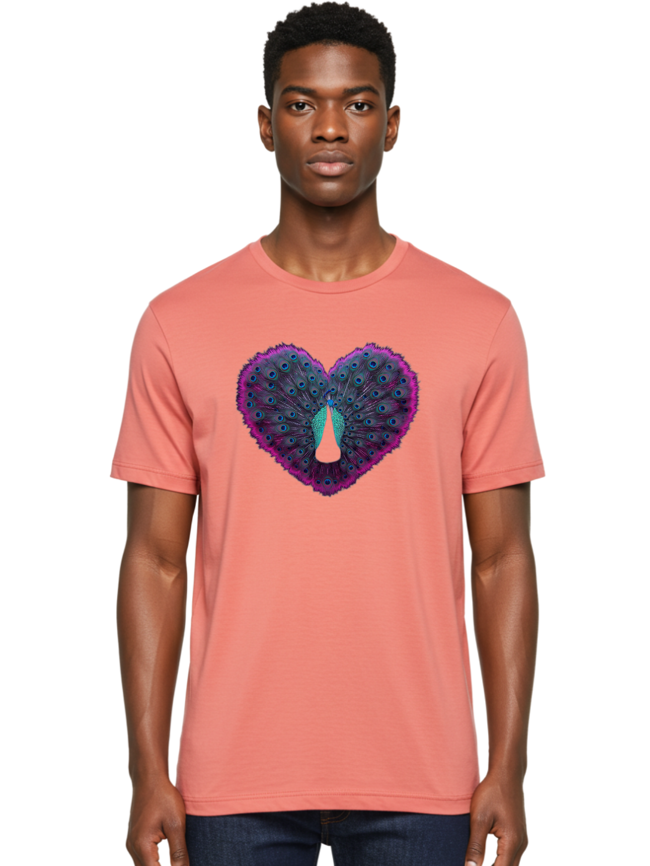 Peacock-Feathers-Heart Men'S Graphic Tee, 100% Cotton, Comfortable Casual Summer Wear, Machine Washable, Peacock Feathers, Heart Shape, Vibrant Colors, Blue Eyespots, Purple And Pink Hues, Symbolic Love, Plumage Display, Artistic Design, Bab123