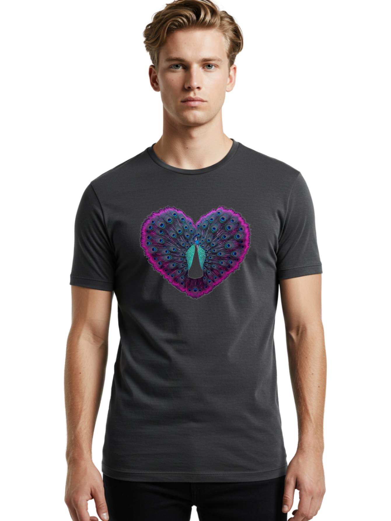 Peacock-Feathers-Heart Men'S Graphic Tee, 100% Cotton, Comfortable Casual Summer Wear, Machine Washable, Peacock Feathers, Heart Shape, Vibrant Colors, Blue Eyespots, Purple And Pink Hues, Symbolic Love, Plumage Display, Artistic Design, Bab123 10