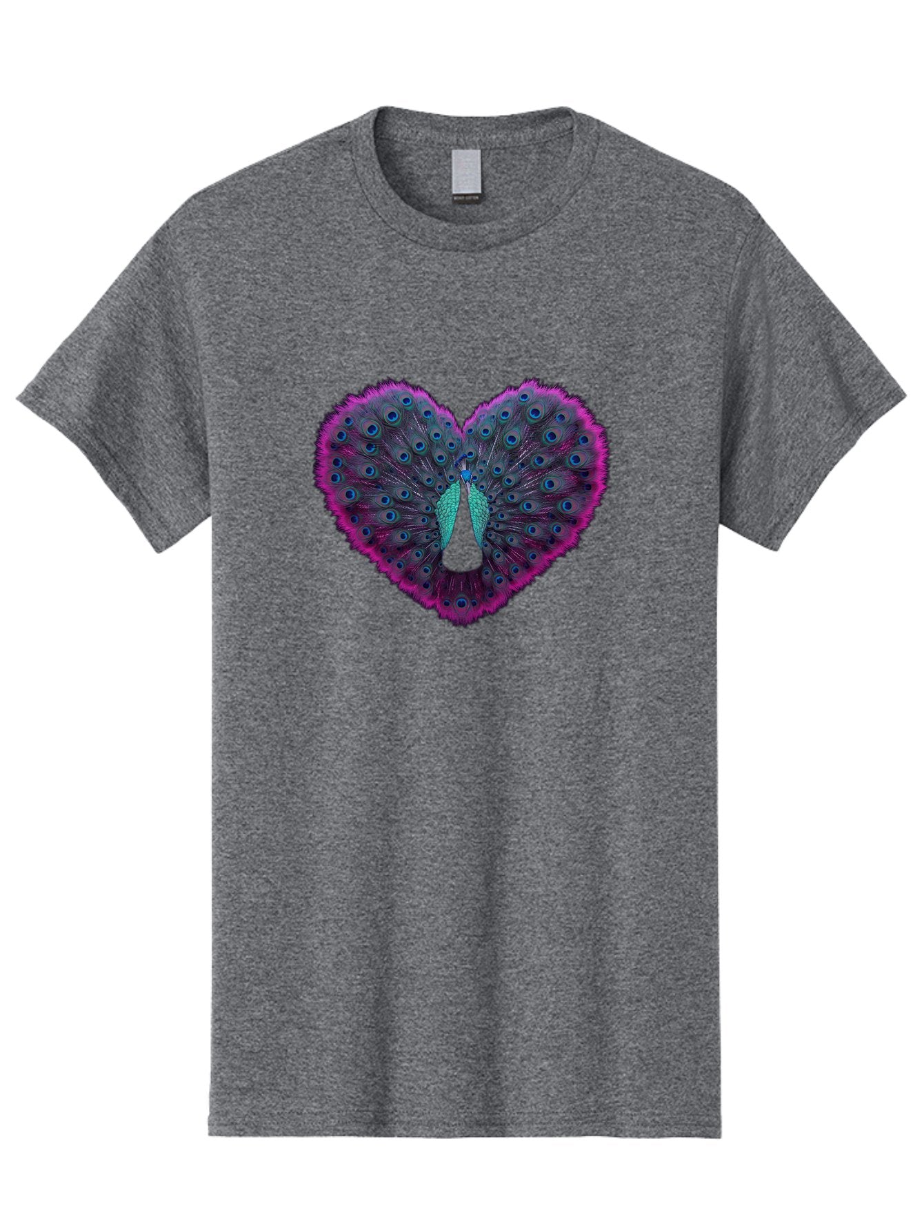 Peacock-Feathers-Heart Men'S Graphic Tee, 100% Cotton, Comfortable Casual Summer Wear, Machine Washable, Peacock Feathers, Heart Shape, Vibrant Colors, Blue Eyespots, Purple And Pink Hues, Symbolic Love, Plumage Display, Artistic Design, Bab123 7