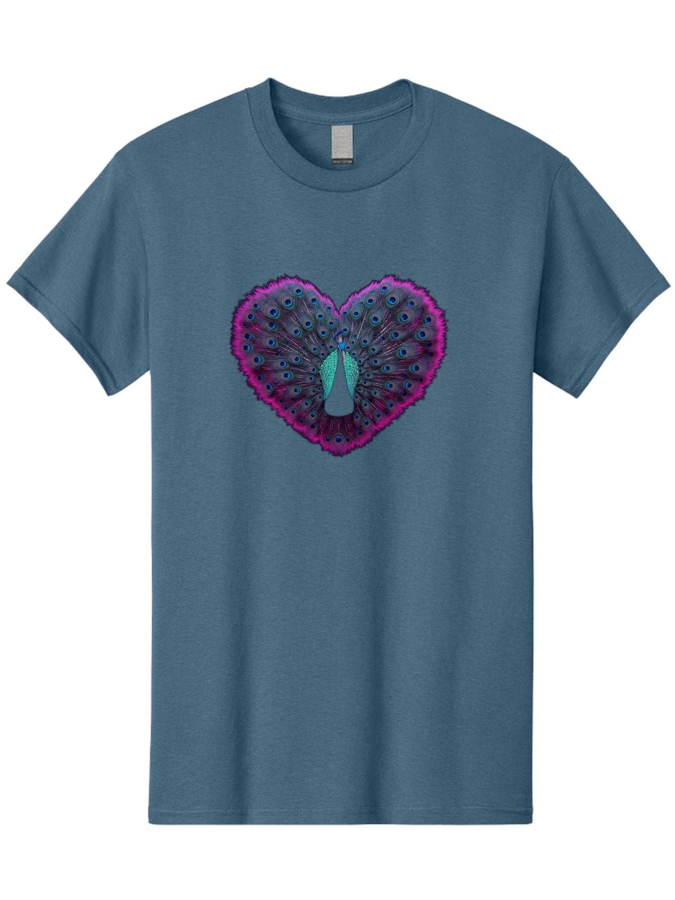 Peacock-Feathers-Heart Men'S Graphic Tee, 100% Cotton, Comfortable Casual Summer Wear, Machine Washable, Peacock Feathers, Heart Shape, Vibrant Colors, Blue Eyespots, Purple And Pink Hues, Symbolic Love, Plumage Display, Artistic Design, Bab123 3
