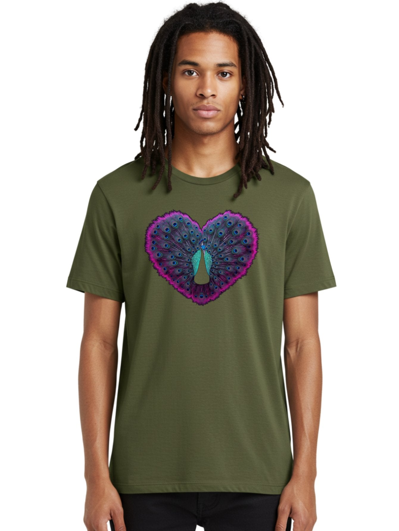 Peacock-Feathers-Heart Men'S Graphic Tee, 100% Cotton, Comfortable Casual Summer Wear, Machine Washable, Peacock Feathers, Heart Shape, Vibrant Colors, Blue Eyespots, Purple And Pink Hues, Symbolic Love, Plumage Display, Artistic Design, Bab123 25