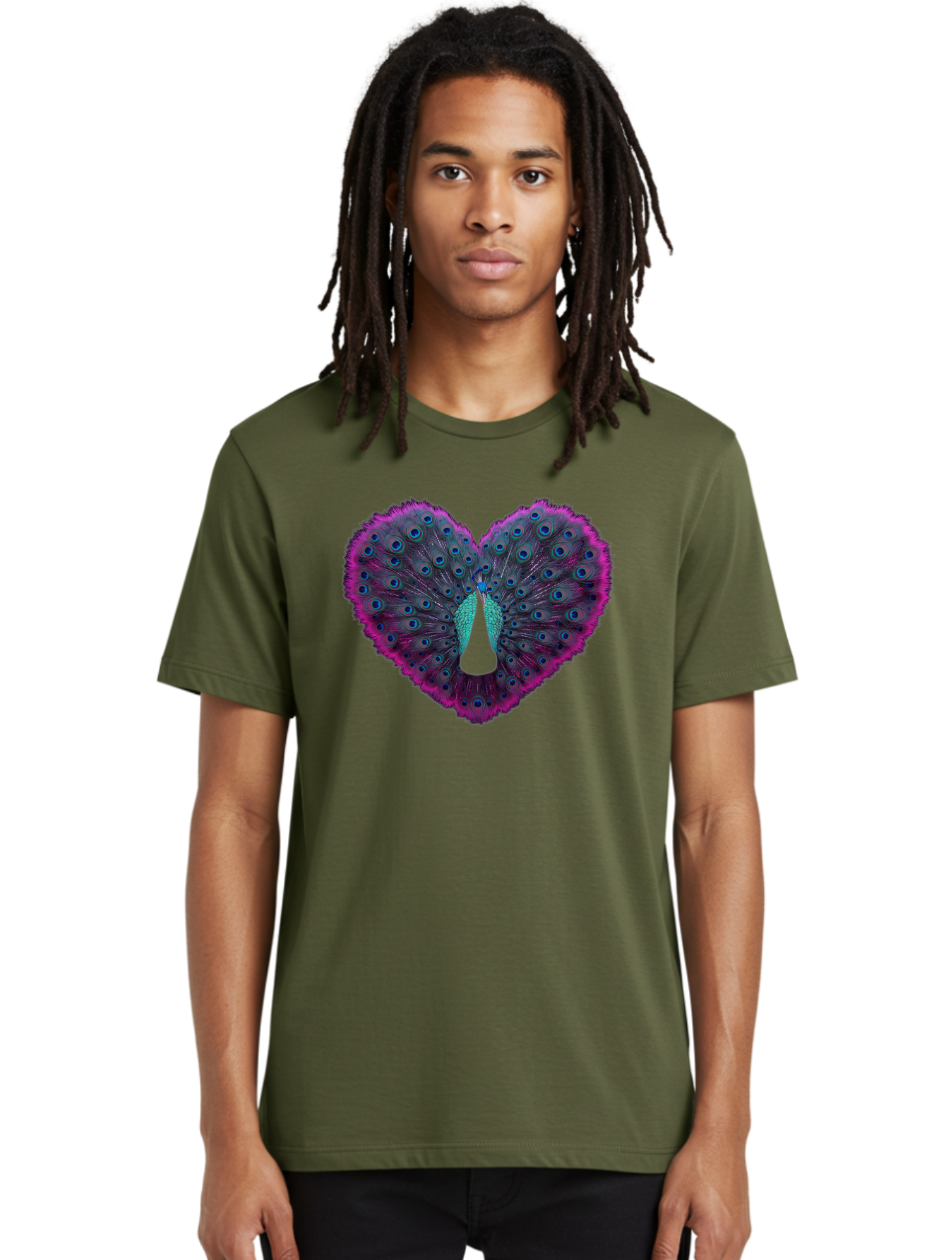 Peacock-Feathers-Heart Men'S Graphic Tee, 100% Cotton, Comfortable Casual Summer Wear, Machine Washable, Peacock Feathers, Heart Shape, Vibrant Colors, Blue Eyespots, Purple And Pink Hues, Symbolic Love, Plumage Display, Artistic Design, Bab123 18