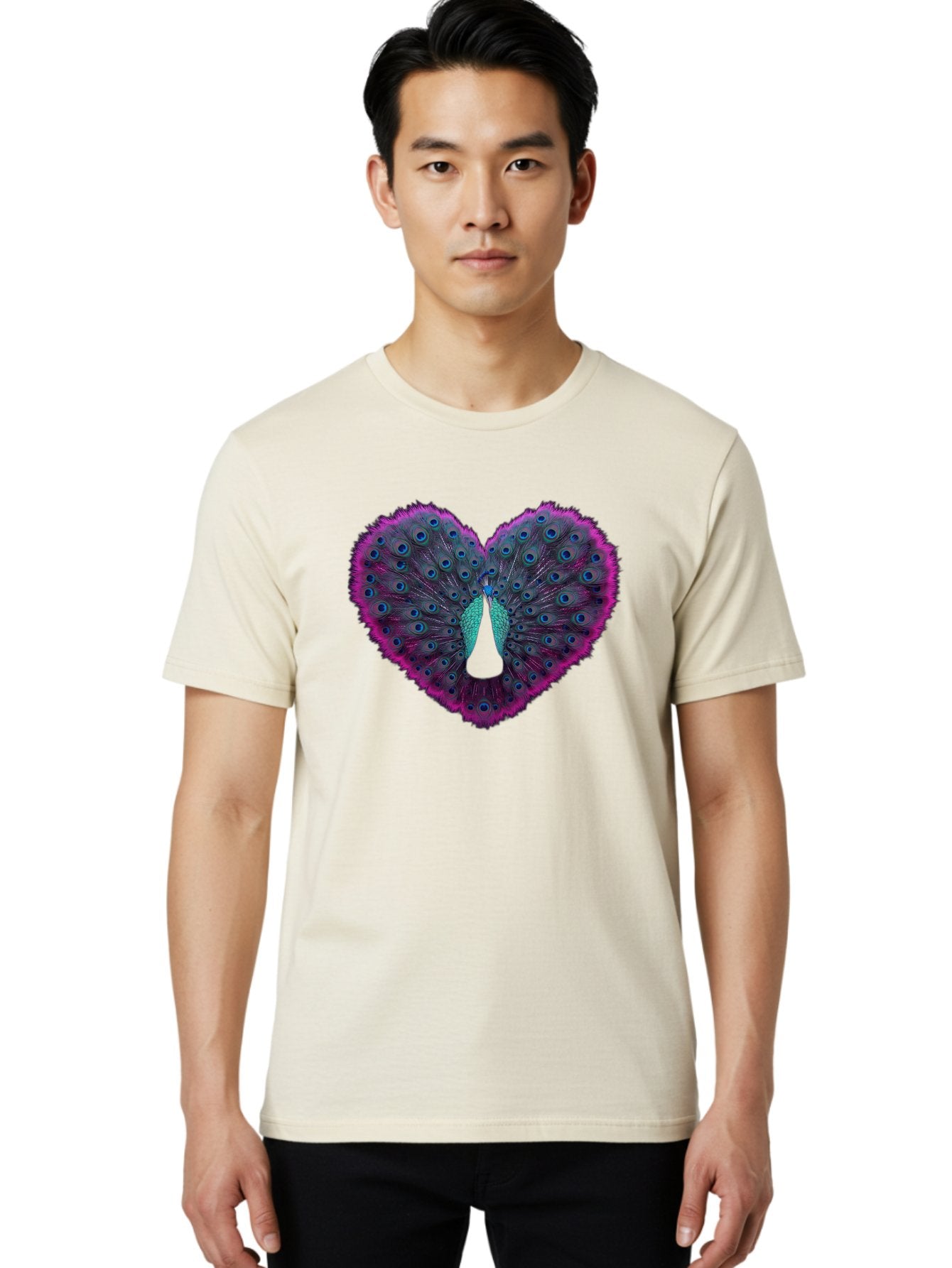 Peacock-Feathers-Heart Men'S Graphic Tee, 100% Cotton, Comfortable Casual Summer Wear, Machine Washable, Peacock Feathers, Heart Shape, Vibrant Colors, Blue Eyespots, Purple And Pink Hues, Symbolic Love, Plumage Display, Artistic Design, Bab123 17