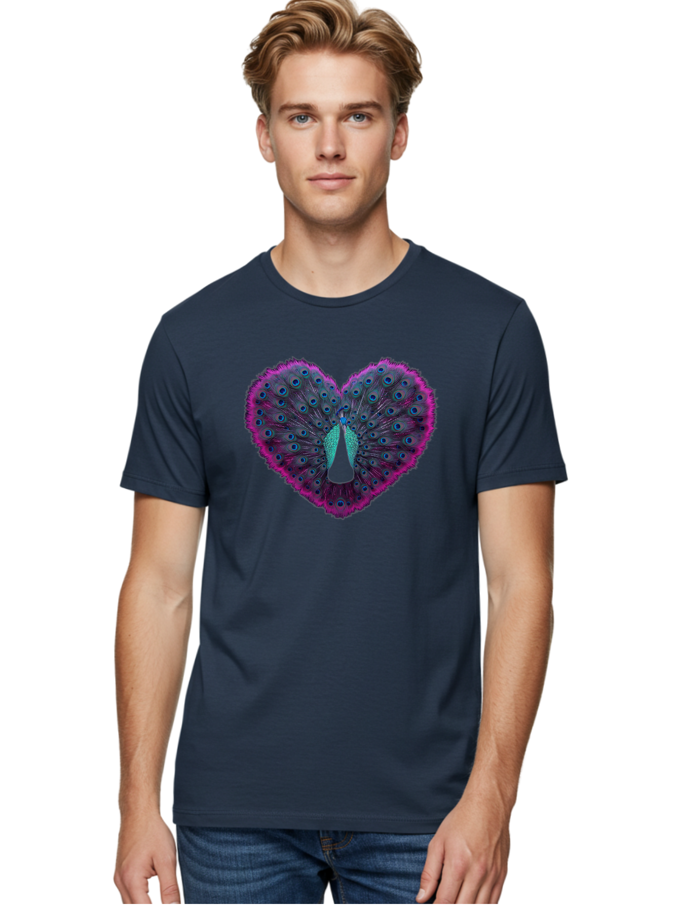 Peacock-Feathers-Heart Men'S Graphic Tee, 100% Cotton, Comfortable Casual Summer Wear, Machine Washable, Peacock Feathers, Heart Shape, Vibrant Colors, Blue Eyespots, Purple And Pink Hues, Symbolic Love, Plumage Display, Artistic Design, Bab123 22
