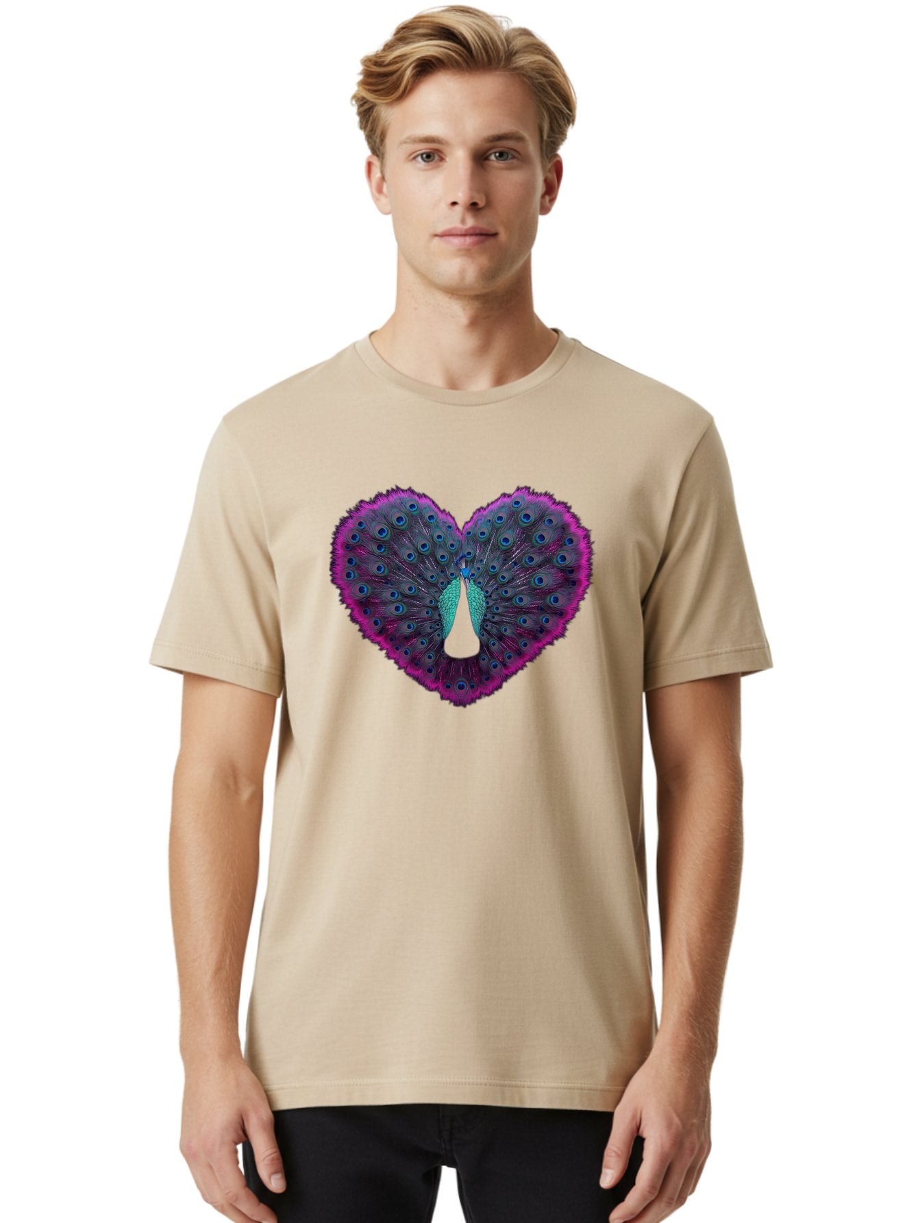 Peacock-Feathers-Heart Men'S Graphic Tee, 100% Cotton, Comfortable Casual Summer Wear, Machine Washable, Peacock Feathers, Heart Shape, Vibrant Colors, Blue Eyespots, Purple And Pink Hues, Symbolic Love, Plumage Display, Artistic Design, Bab123 28