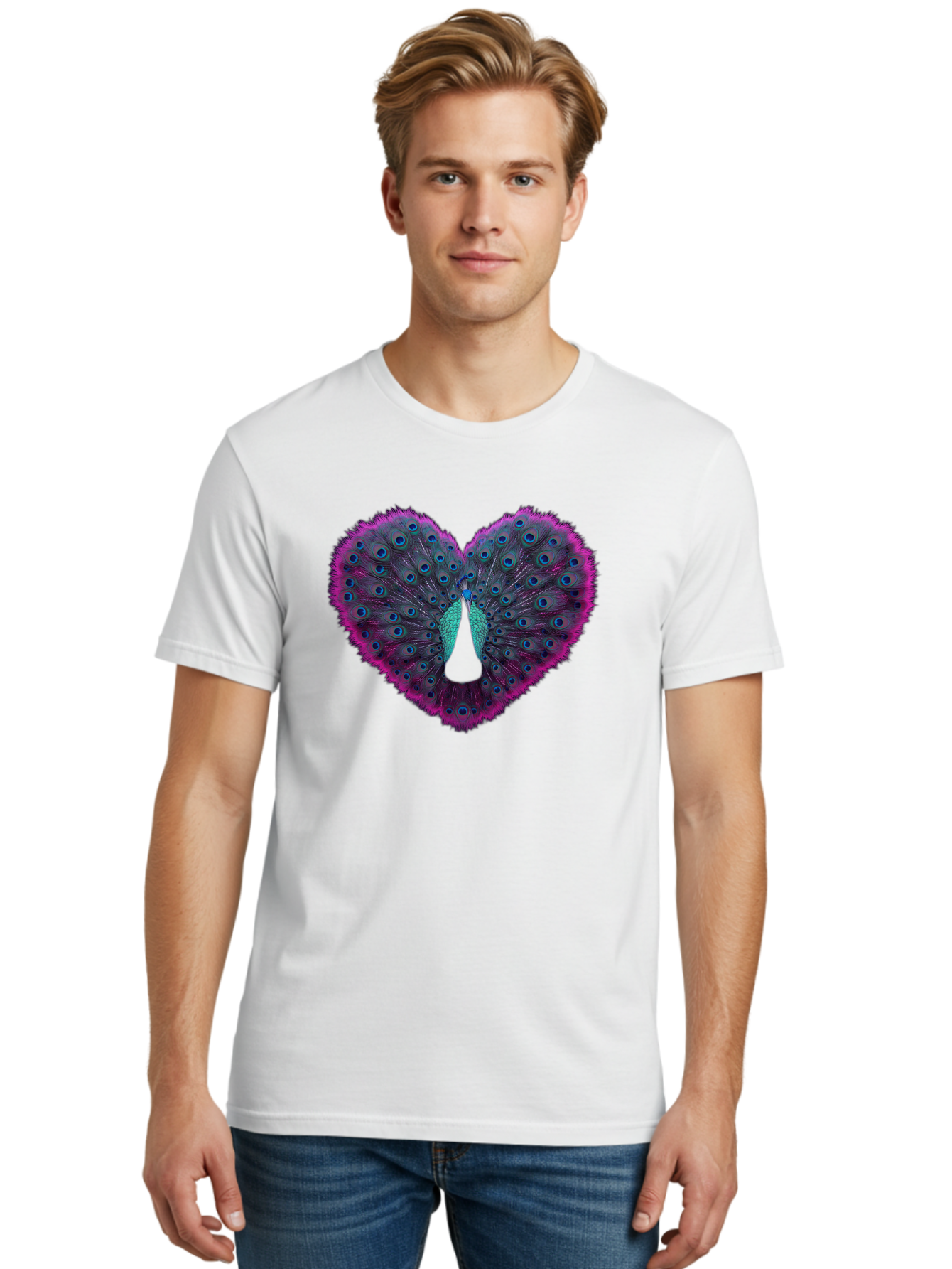 Peacock-Feathers-Heart Men'S Graphic Tee, 100% Cotton, Comfortable Casual Summer Wear, Machine Washable, Peacock Feathers, Heart Shape, Vibrant Colors, Blue Eyespots, Purple And Pink Hues, Symbolic Love, Plumage Display, Artistic Design, Bab123 8