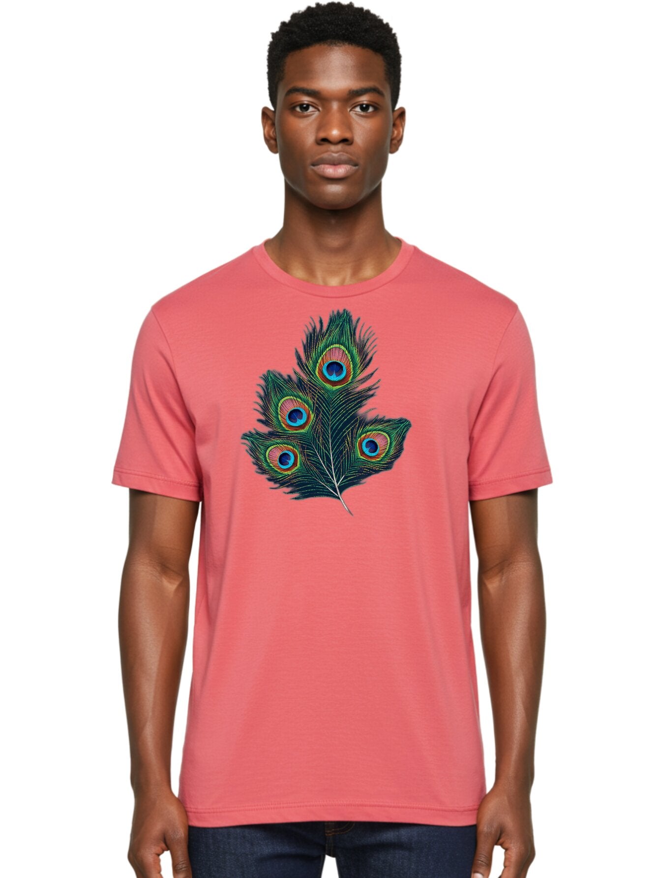 Peacock-Feathers Men'S Graphic Tee, 100% Cotton, Comfortable Casual Summer Wear, Machine Washable, Peacock Feather, Colorful Plumage, Vibrant Colors, Eyespot, Blue And Orange, Exotic Bird, Natural Beauty, Wildlife Bab124 17