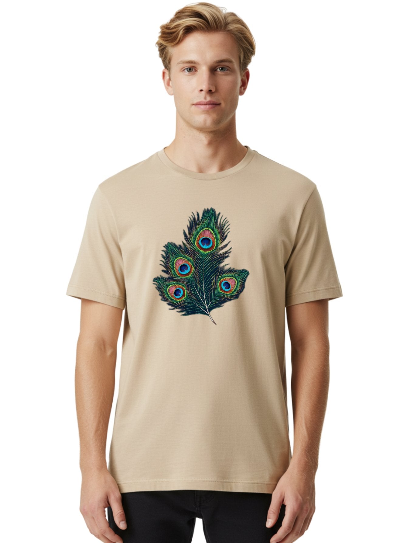 Peacock-Feathers Men'S Graphic Tee, 100% Cotton, Comfortable Casual Summer Wear, Machine Washable, Peacock Feather, Colorful Plumage, Vibrant Colors, Eyespot, Blue And Orange, Exotic Bird, Natural Beauty, Wildlife Bab124 28