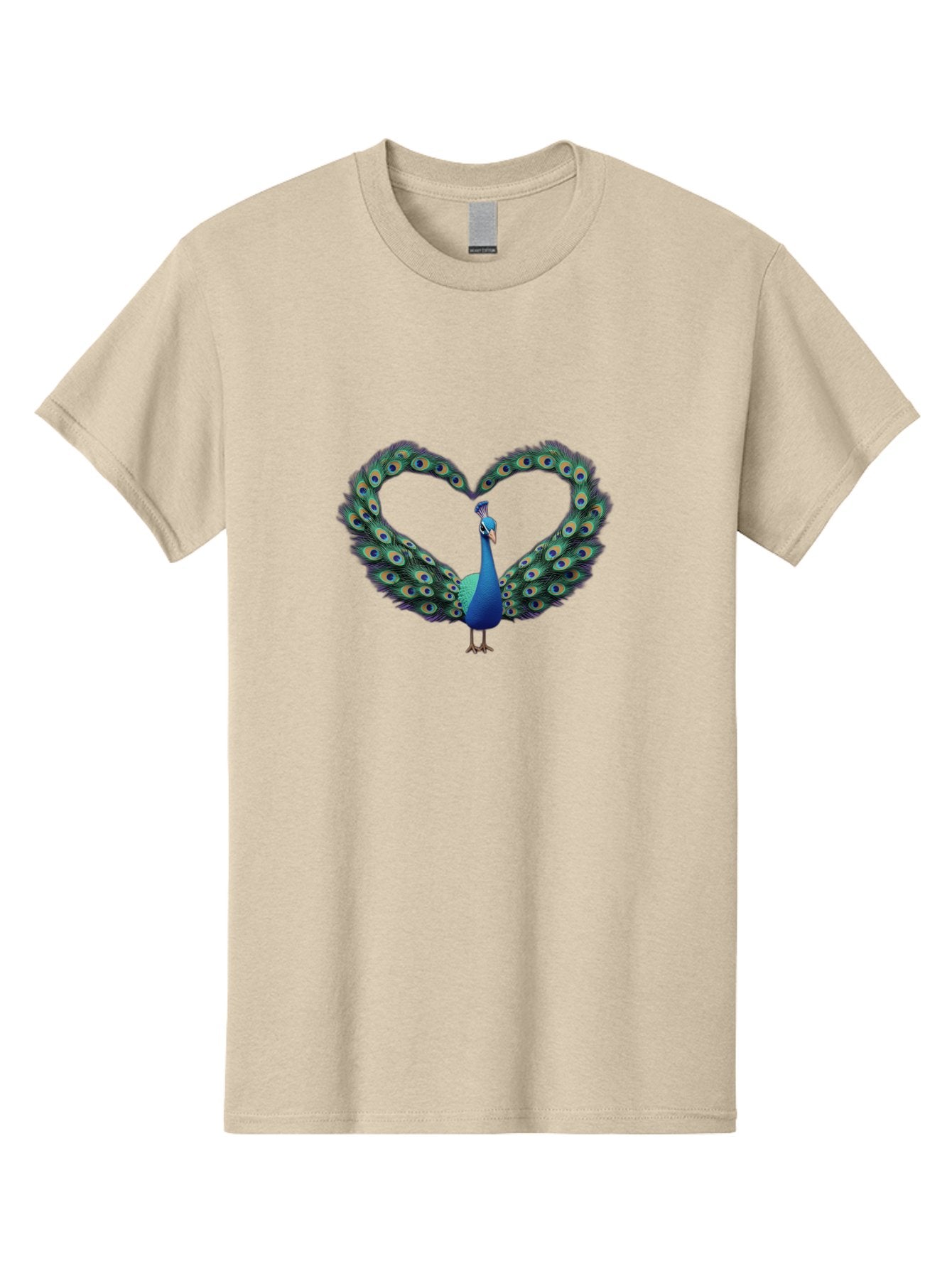 Peacock-Heart-1 Men'S Graphic Tee, 100% Cotton, Comfortable Casual Summer Wear, Machine Washable, Peacock Forming Heart Shape, Vibrant Blue And Green Colors, Symbolic Love Representation, Bird With Spread Feathers, Peacock'S Majestic Plumage, Bab125 3