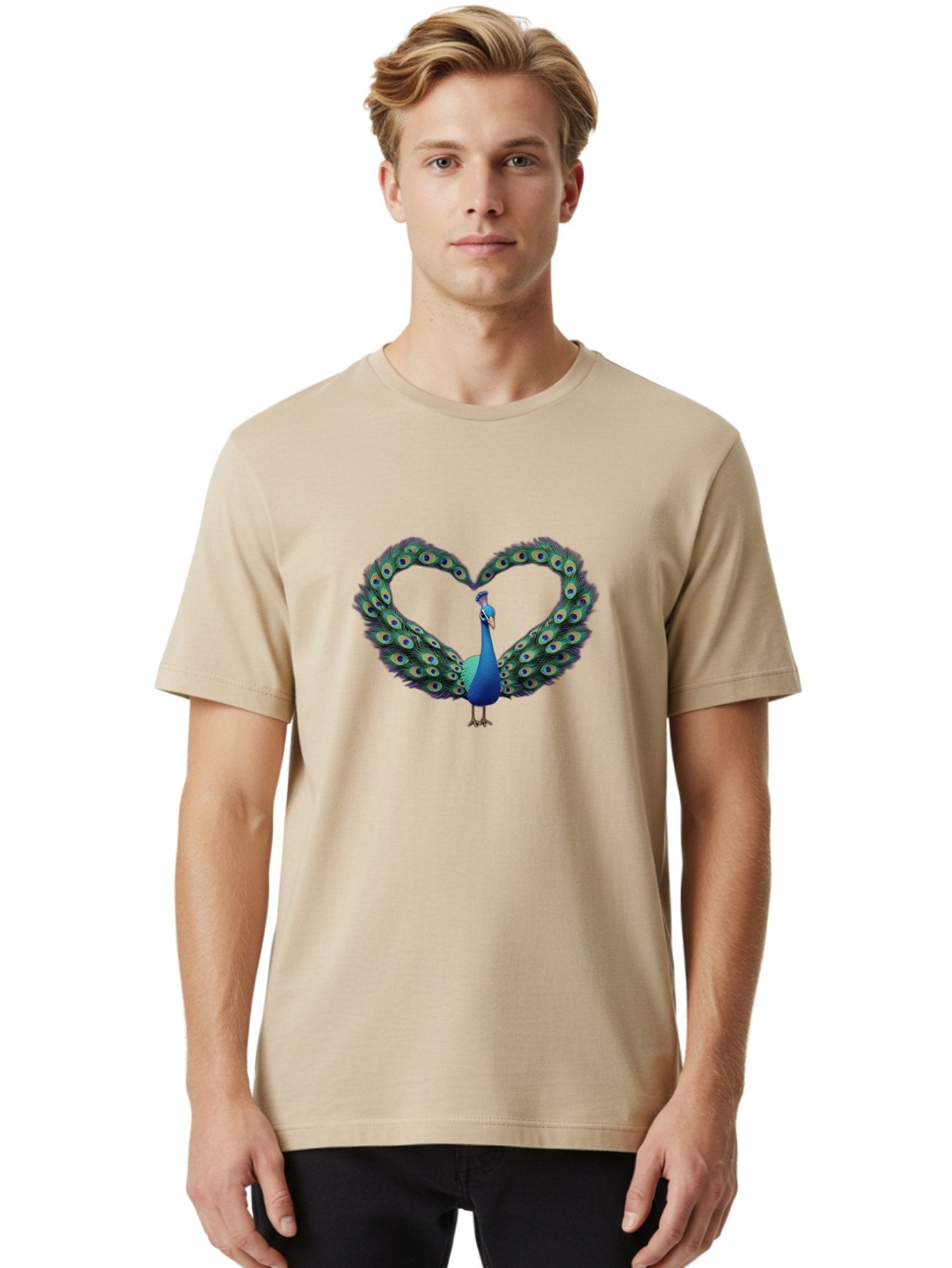 Peacock-Heart-1 Men'S Graphic Tee, 100% Cotton, Comfortable Casual Summer Wear, Machine Washable, Peacock Forming Heart Shape, Vibrant Blue And Green Colors, Symbolic Love Representation, Bird With Spread Feathers, Peacock'S Majestic Plumage, Bab125 22