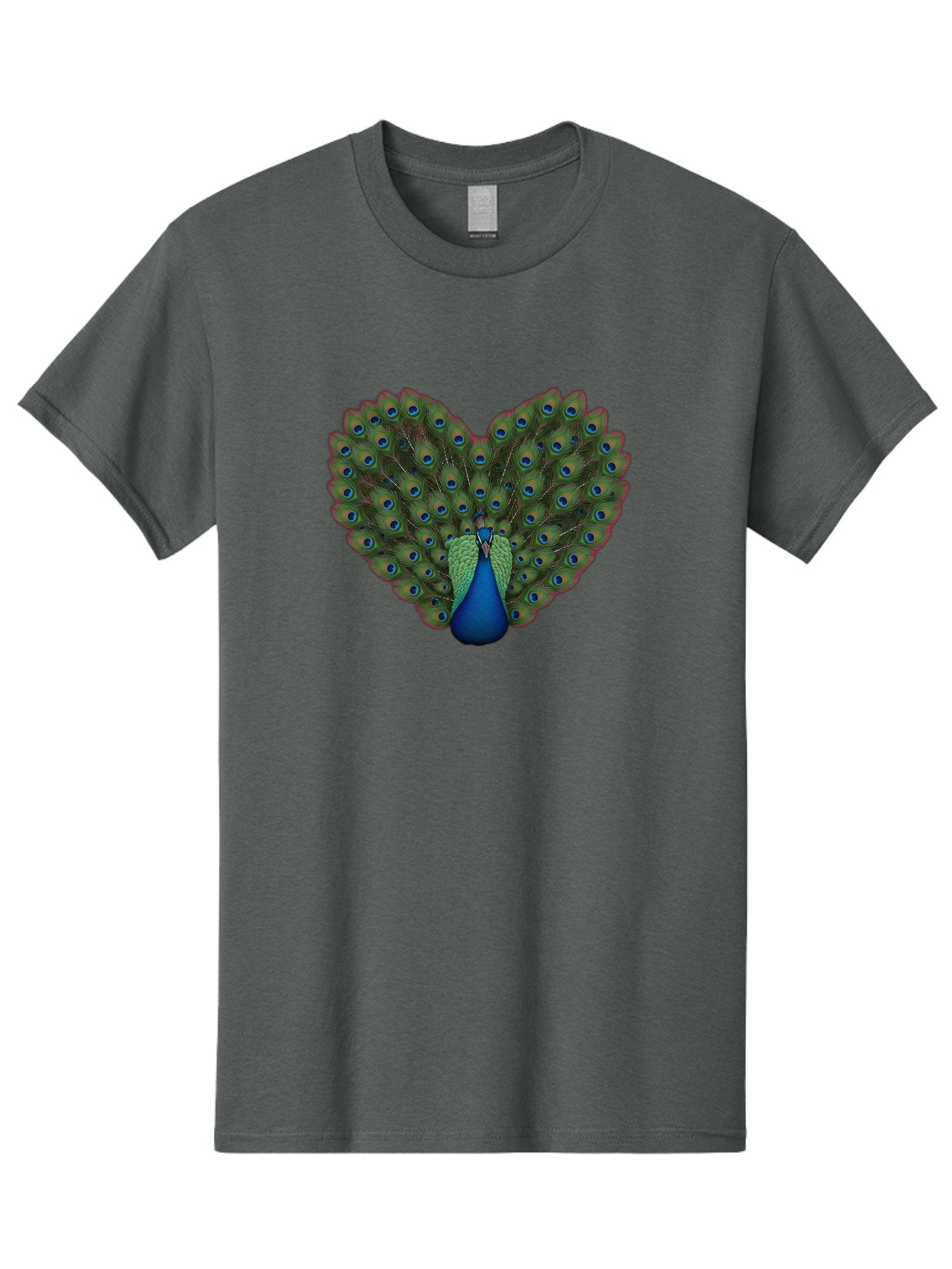 Peacock-Heart-Shape Men'S Graphic Tee, 100% Cotton, Comfortable Casual Summer Wear, Machine Washable, Peacock Displaying Feathers, Vibrant Plumage, Blue Eyespots, Green And Blue Colors, Majestic Bird, Exotic Wildlife, Stunning Display, Bab126 4