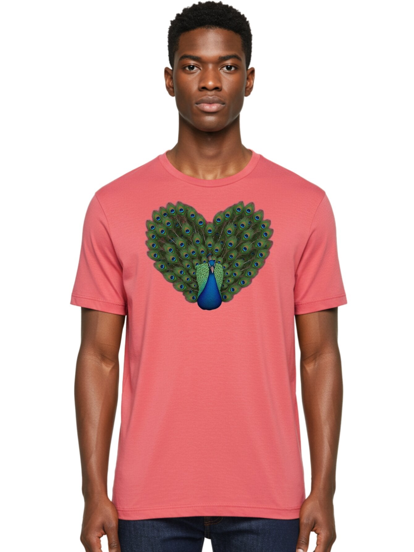 Peacock-Heart-Shape Men'S Graphic Tee, 100% Cotton, Comfortable Casual Summer Wear, Machine Washable, Peacock Displaying Feathers, Vibrant Plumage, Blue Eyespots, Green And Blue Colors, Majestic Bird, Exotic Wildlife, Stunning Display, Bab126 20
