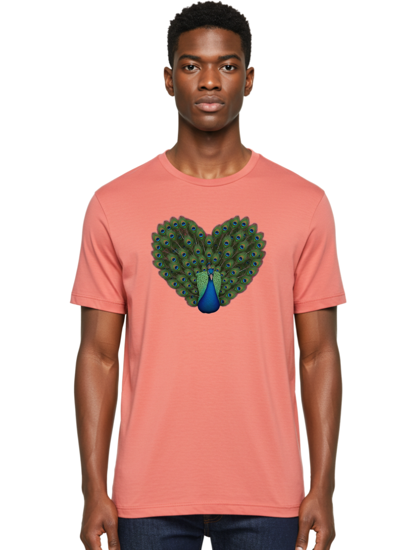 Peacock-Heart-Shape Men'S Graphic Tee, 100% Cotton, Comfortable Casual Summer Wear, Machine Washable, Peacock Displaying Feathers, Vibrant Plumage, Blue Eyespots, Green And Blue Colors, Majestic Bird, Exotic Wildlife, Stunning Display, Bab126