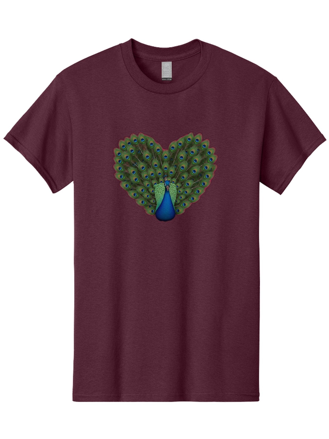 Peacock-Heart-Shape Men'S Graphic Tee, 100% Cotton, Comfortable Casual Summer Wear, Machine Washable, Peacock Displaying Feathers, Vibrant Plumage, Blue Eyespots, Green And Blue Colors, Majestic Bird, Exotic Wildlife, Stunning Display, Bab126 5