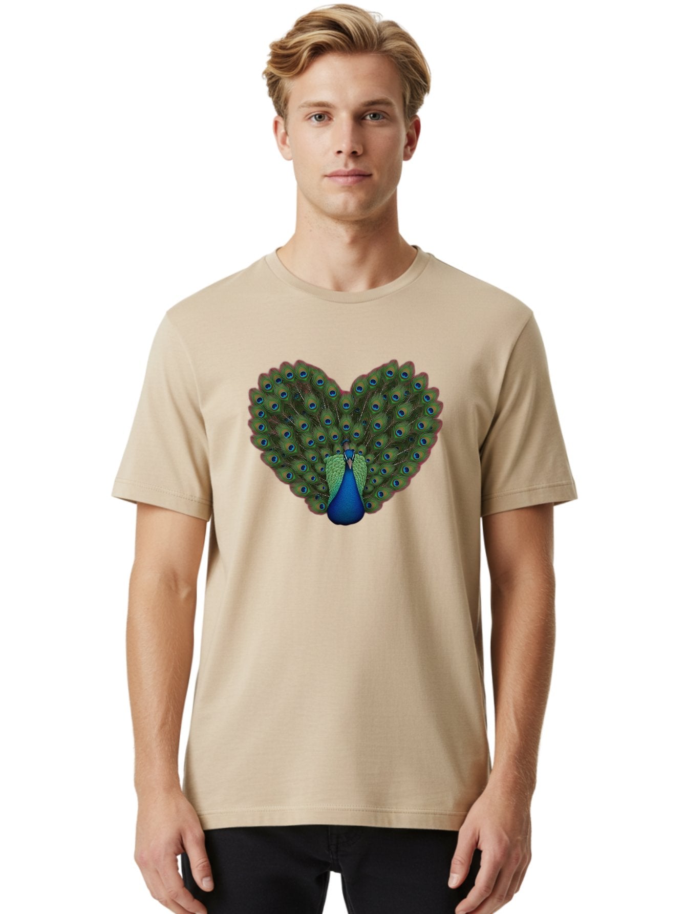 Peacock-Heart-Shape Men'S Graphic Tee, 100% Cotton, Comfortable Casual Summer Wear, Machine Washable, Peacock Displaying Feathers, Vibrant Plumage, Blue Eyespots, Green And Blue Colors, Majestic Bird, Exotic Wildlife, Stunning Display, Bab126 30