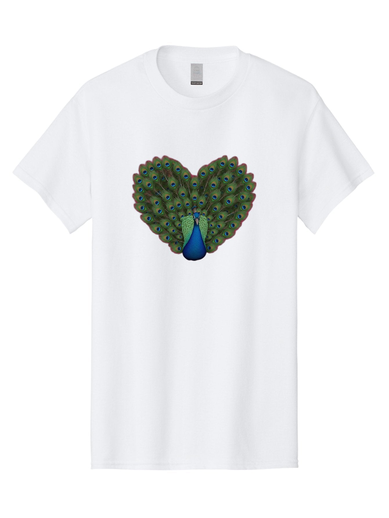 Peacock-Heart-Shape Men'S Graphic Tee, 100% Cotton, Comfortable Casual Summer Wear, Machine Washable, Peacock Displaying Feathers, Vibrant Plumage, Blue Eyespots, Green And Blue Colors, Majestic Bird, Exotic Wildlife, Stunning Display, Bab126 3