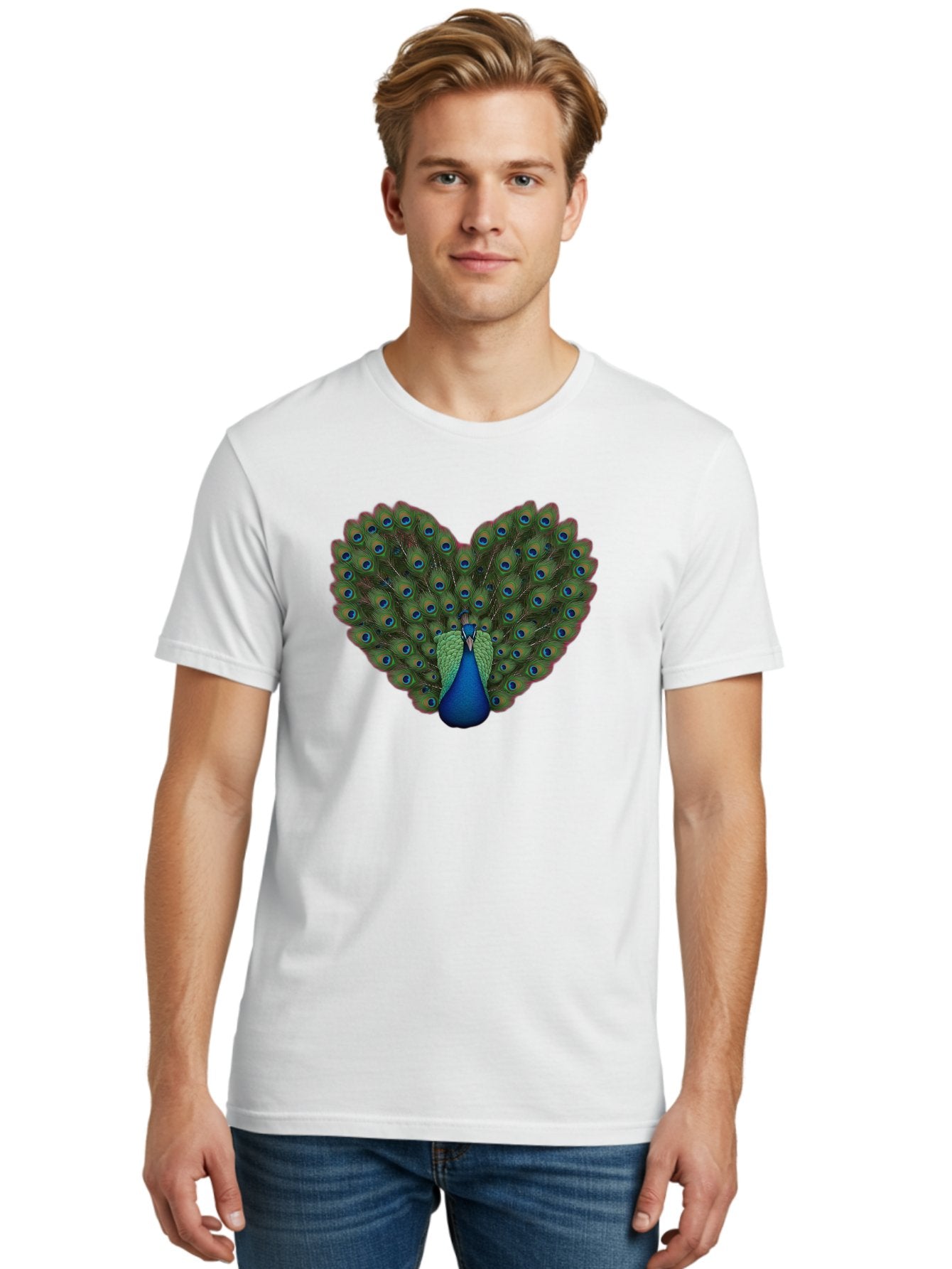 Peacock-Heart-Shape Men'S Graphic Tee, 100% Cotton, Comfortable Casual Summer Wear, Machine Washable, Peacock Displaying Feathers, Vibrant Plumage, Blue Eyespots, Green And Blue Colors, Majestic Bird, Exotic Wildlife, Stunning Display, Bab126 22