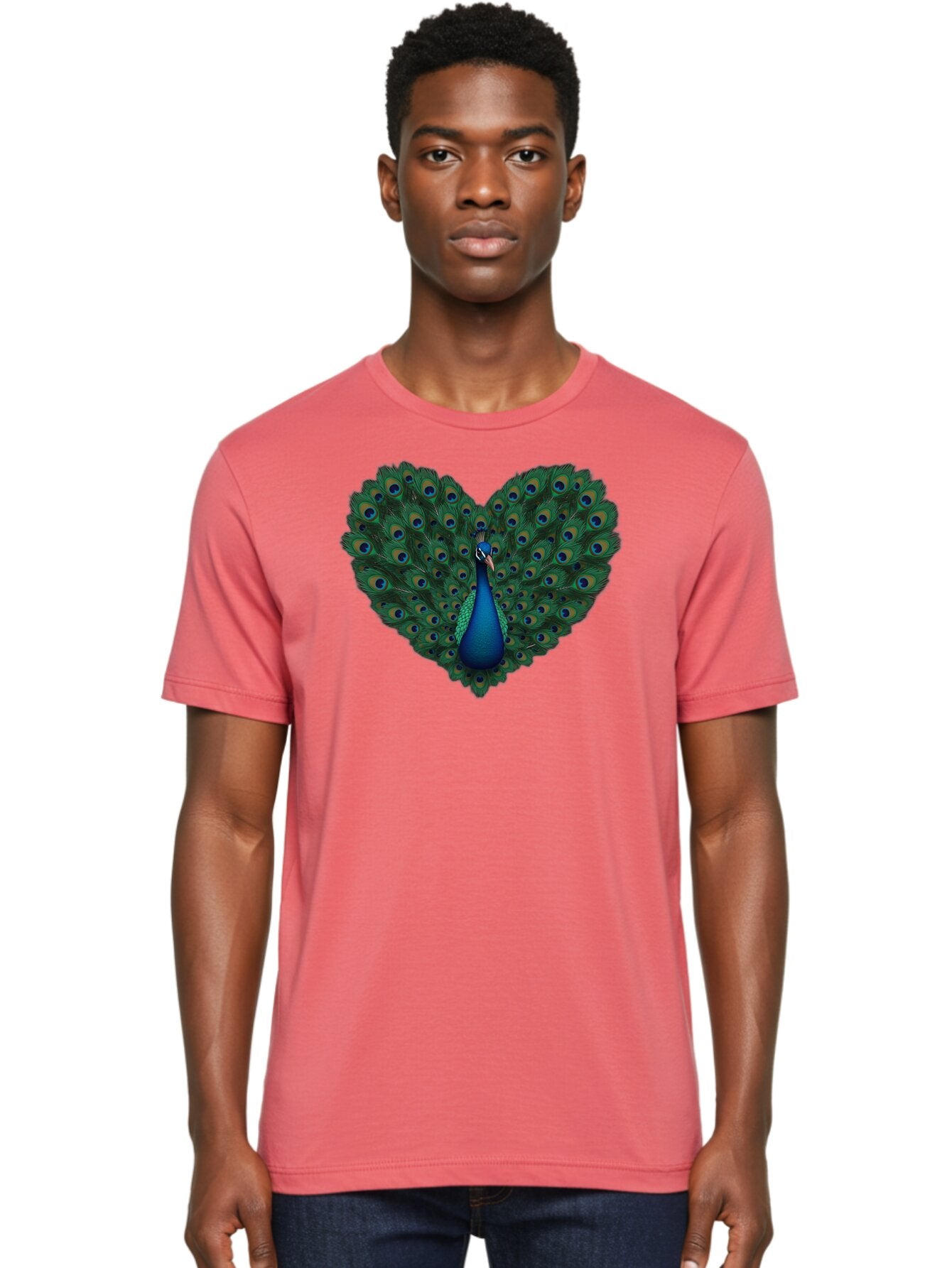 Peacock-Heart Men'S Graphic Tee, 100% Cotton, Comfortable Casual Summer Wear, Machine Washable, Peacock Spreading Its Feathers, Heart Shape, Vibrant Colors, Blue And Green Plumage, Eye-Catching Display, Majestic Bird, Symbolic Representation, Bab127 23