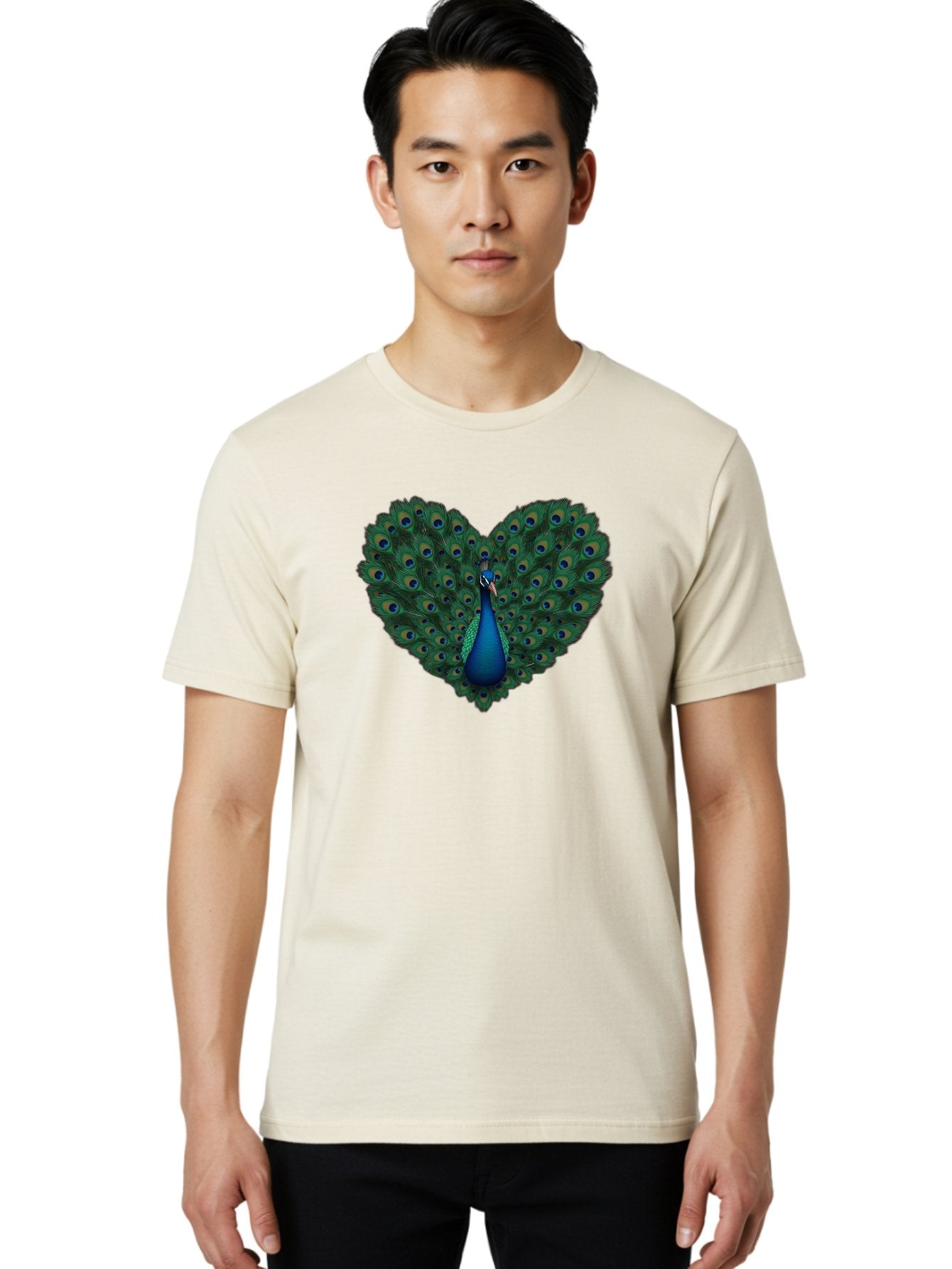 Peacock-Heart Men'S Graphic Tee, 100% Cotton, Comfortable Casual Summer Wear, Machine Washable, Peacock Spreading Its Feathers, Heart Shape, Vibrant Colors, Blue And Green Plumage, Eye-Catching Display, Majestic Bird, Symbolic Representation, Bab127 29