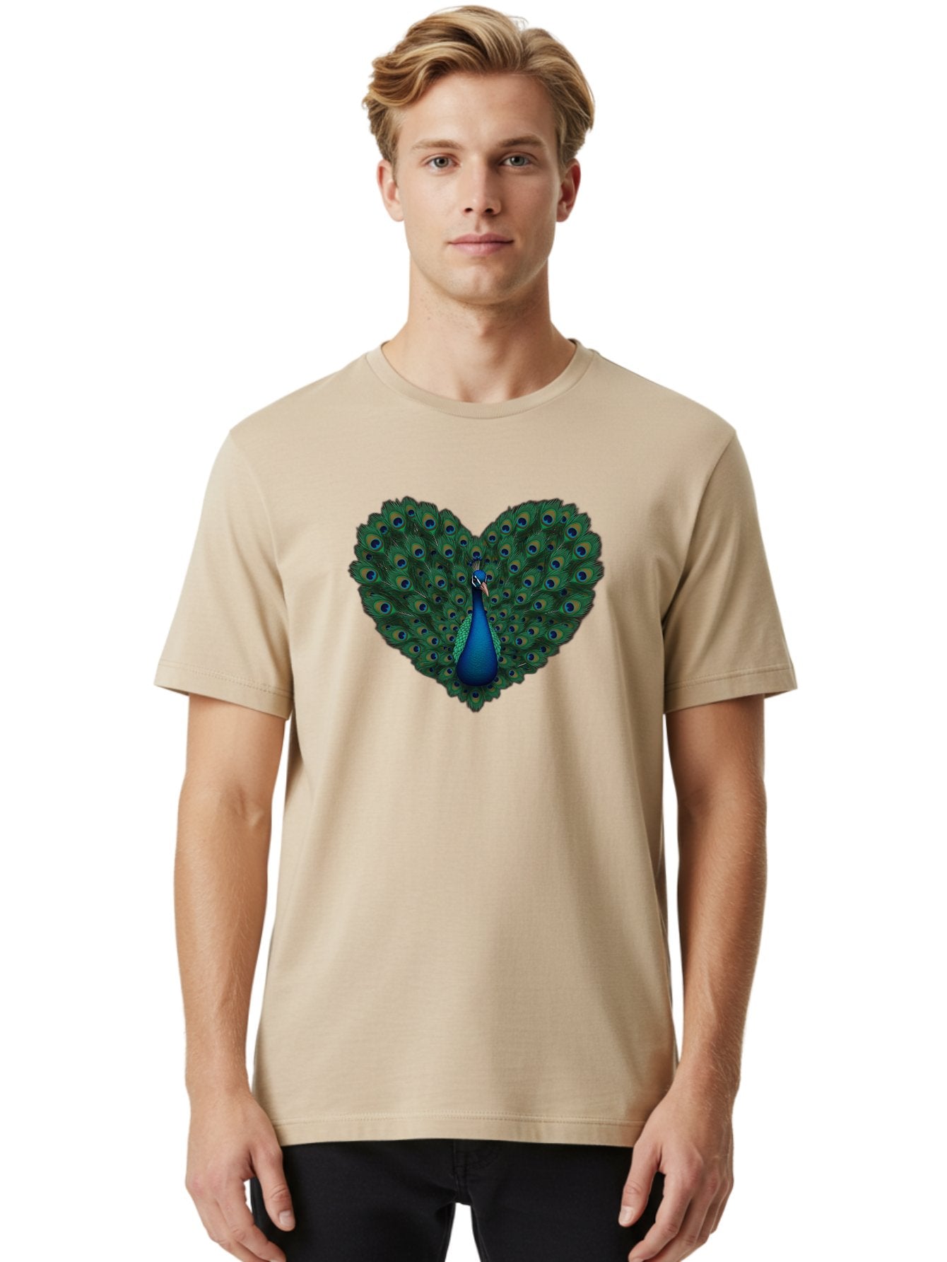 Peacock-Heart Men'S Graphic Tee, 100% Cotton, Comfortable Casual Summer Wear, Machine Washable, Peacock Spreading Its Feathers, Heart Shape, Vibrant Colors, Blue And Green Plumage, Eye-Catching Display, Majestic Bird, Symbolic Representation, Bab127 27