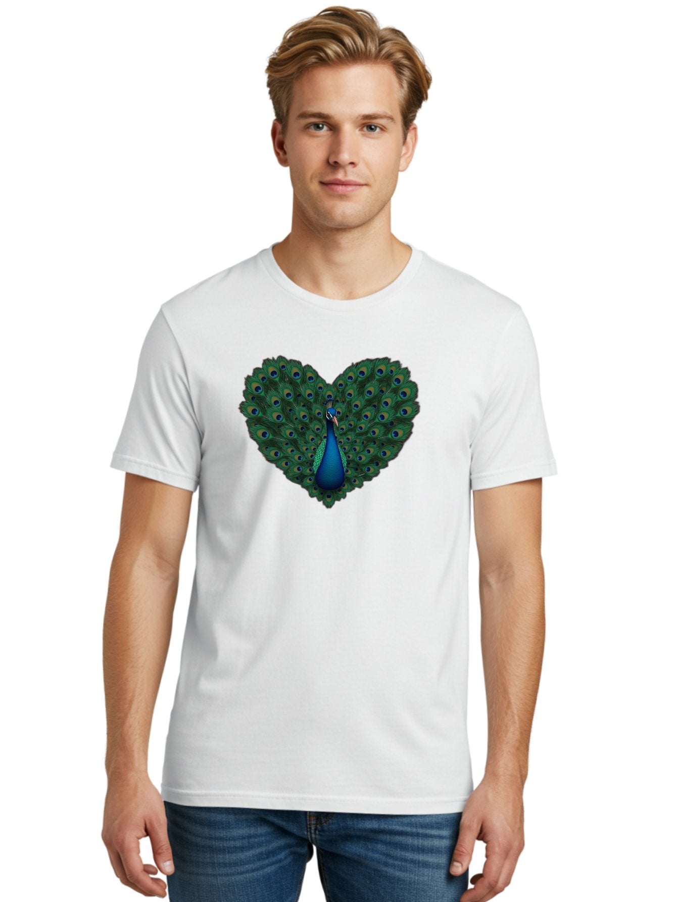 Peacock-Heart Men'S Graphic Tee, 100% Cotton, Comfortable Casual Summer Wear, Machine Washable, Peacock Spreading Its Feathers, Heart Shape, Vibrant Colors, Blue And Green Plumage, Eye-Catching Display, Majestic Bird, Symbolic Representation, Bab127 19