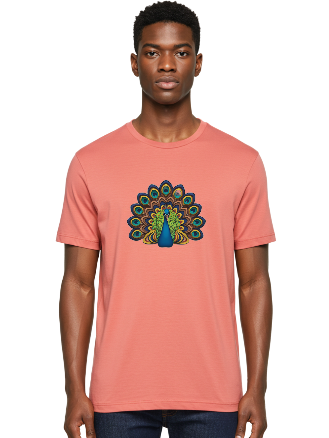 Peacock-Illustration Men'S Graphic Tee, 100% Cotton, Comfortable Casual Summer Wear, Machine Washable, Peacock With Vibrant Plumage, Colorful Feathers, Blue And Green Hues, Eye-Catching Patterns, Majestic Bird, Exotic Beauty, Ornate Tail, Bab128