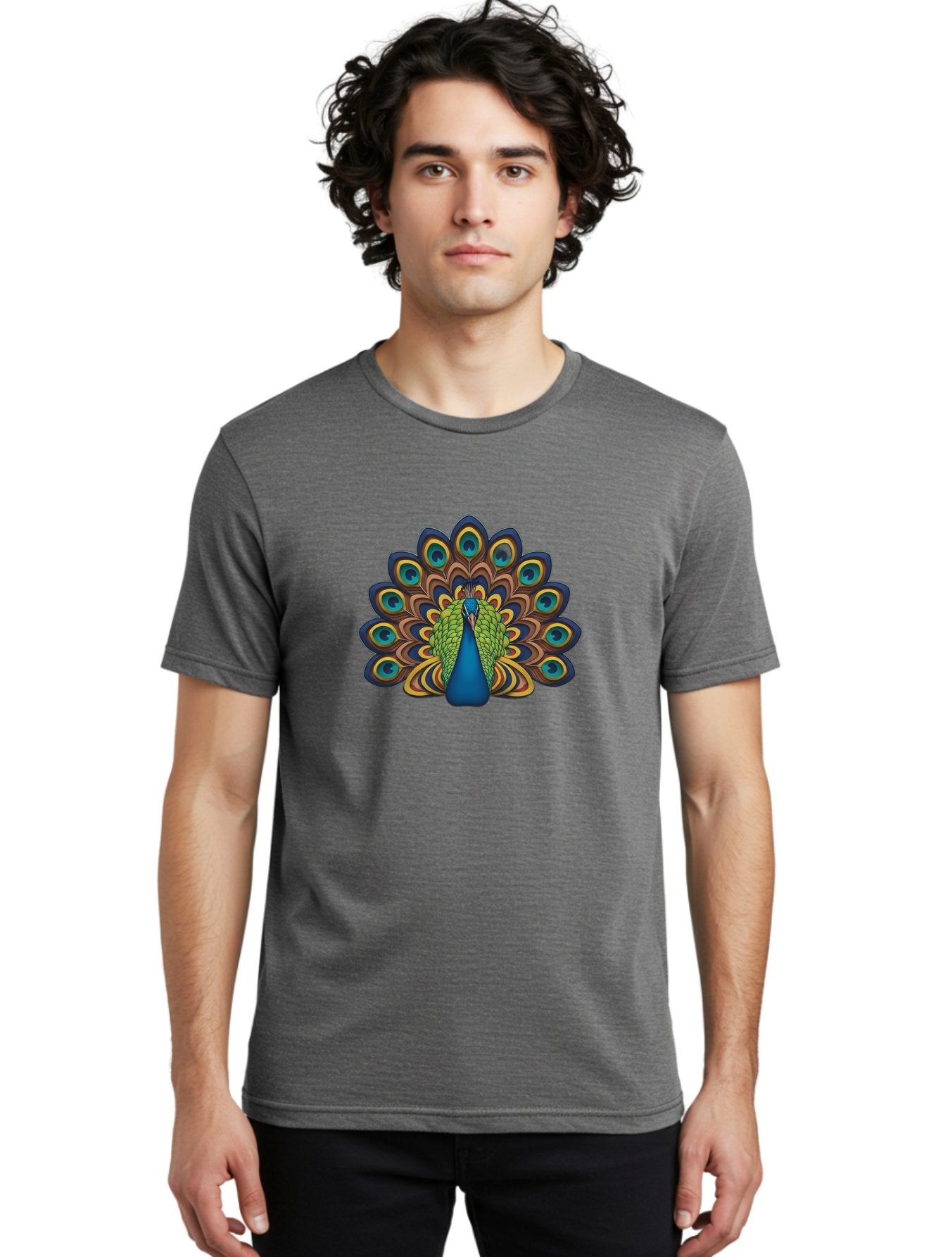 Peacock-Illustration Men'S Graphic Tee, 100% Cotton, Comfortable Casual Summer Wear, Machine Washable, Peacock With Vibrant Plumage, Colorful Feathers, Blue And Green Hues, Eye-Catching Patterns, Majestic Bird, Exotic Beauty, Ornate Tail, Bab128 27