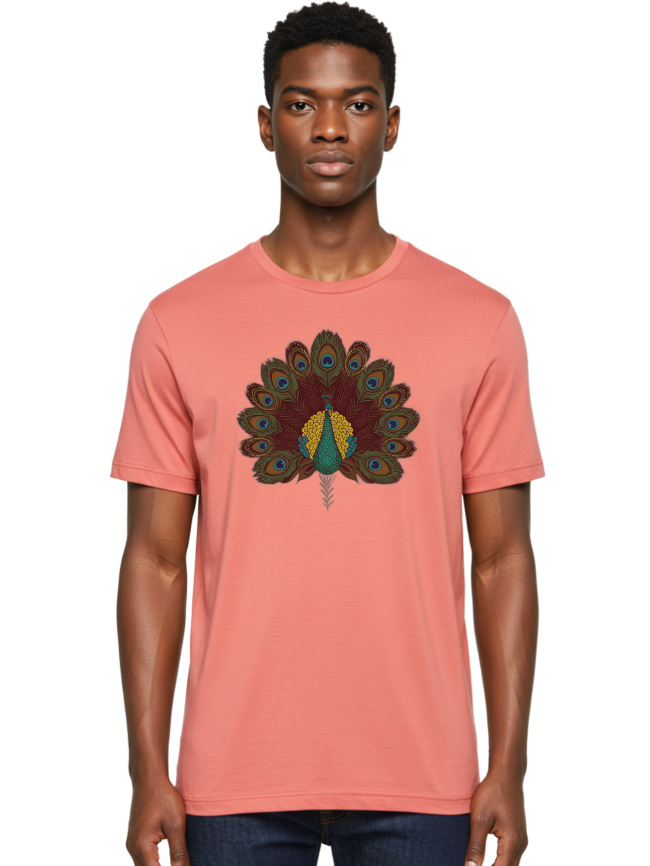 Peacock-Spreading-Tail-Feathers Men'S Graphic Tee, 100% Cotton, Comfortable Casual Summer Wear, Machine Washable, Peacock, Vibrant Plumage, Intricate Details, Mesmerizing Patterns, Ornate Feathers, Regal Bird, Stunning Display, Bab129