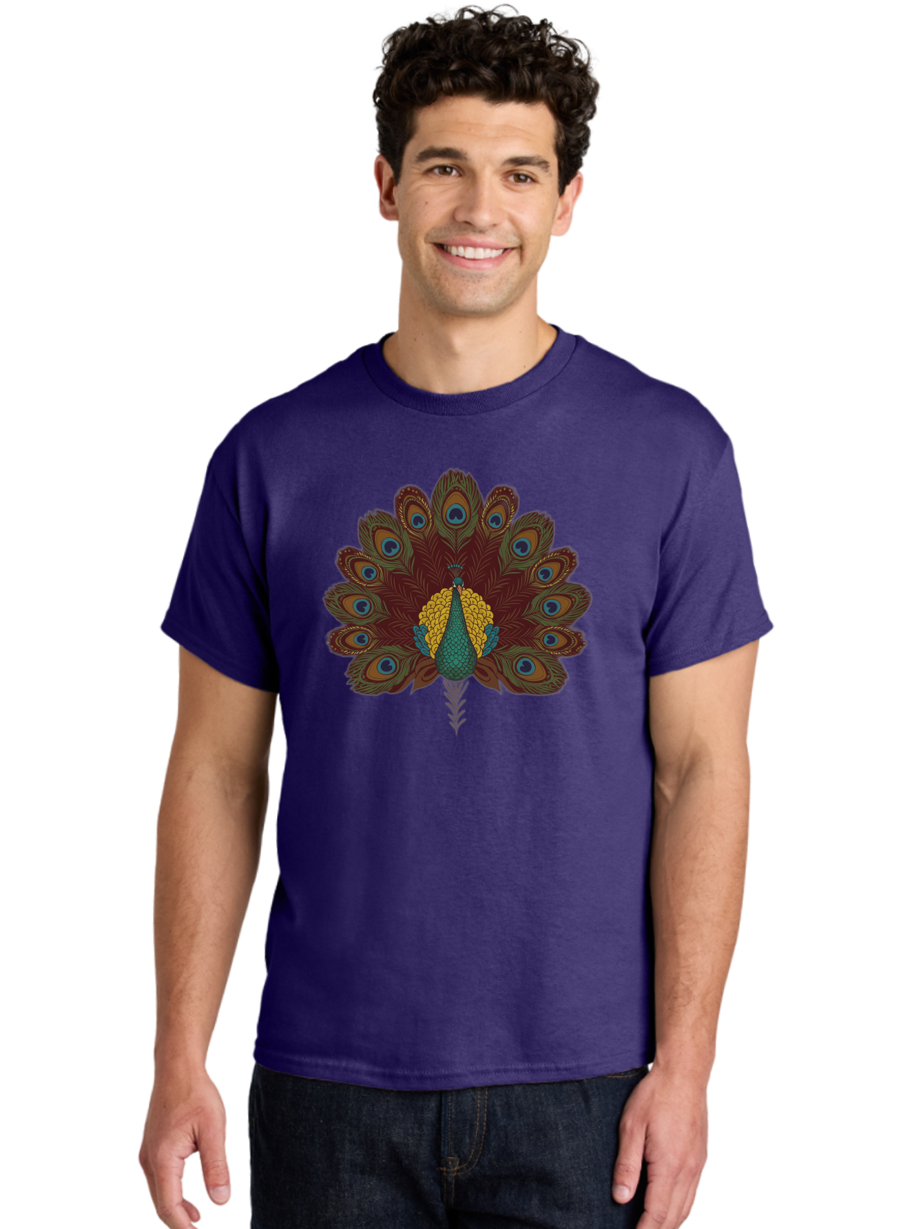 Peacock-Spreading-Tail-Feathers Men'S Graphic Tee, 100% Cotton, Comfortable Casual Summer Wear, Machine Washable, Peacock, Vibrant Plumage, Intricate Details, Mesmerizing Patterns, Ornate Feathers, Regal Bird, Stunning Display, Bab129 24