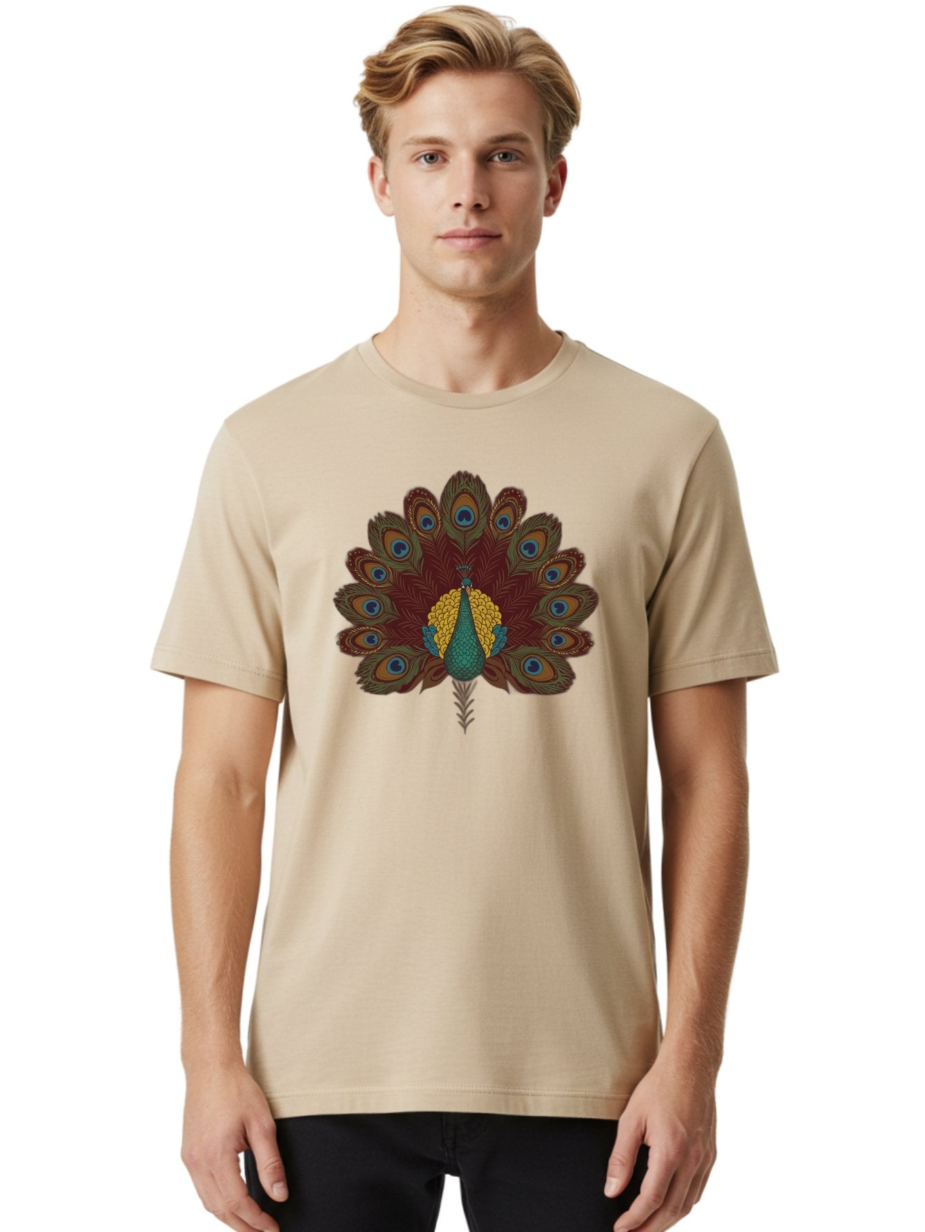 Peacock-Spreading-Tail-Feathers Men'S Graphic Tee, 100% Cotton, Comfortable Casual Summer Wear, Machine Washable, Peacock, Vibrant Plumage, Intricate Details, Mesmerizing Patterns, Ornate Feathers, Regal Bird, Stunning Display, Bab129 18