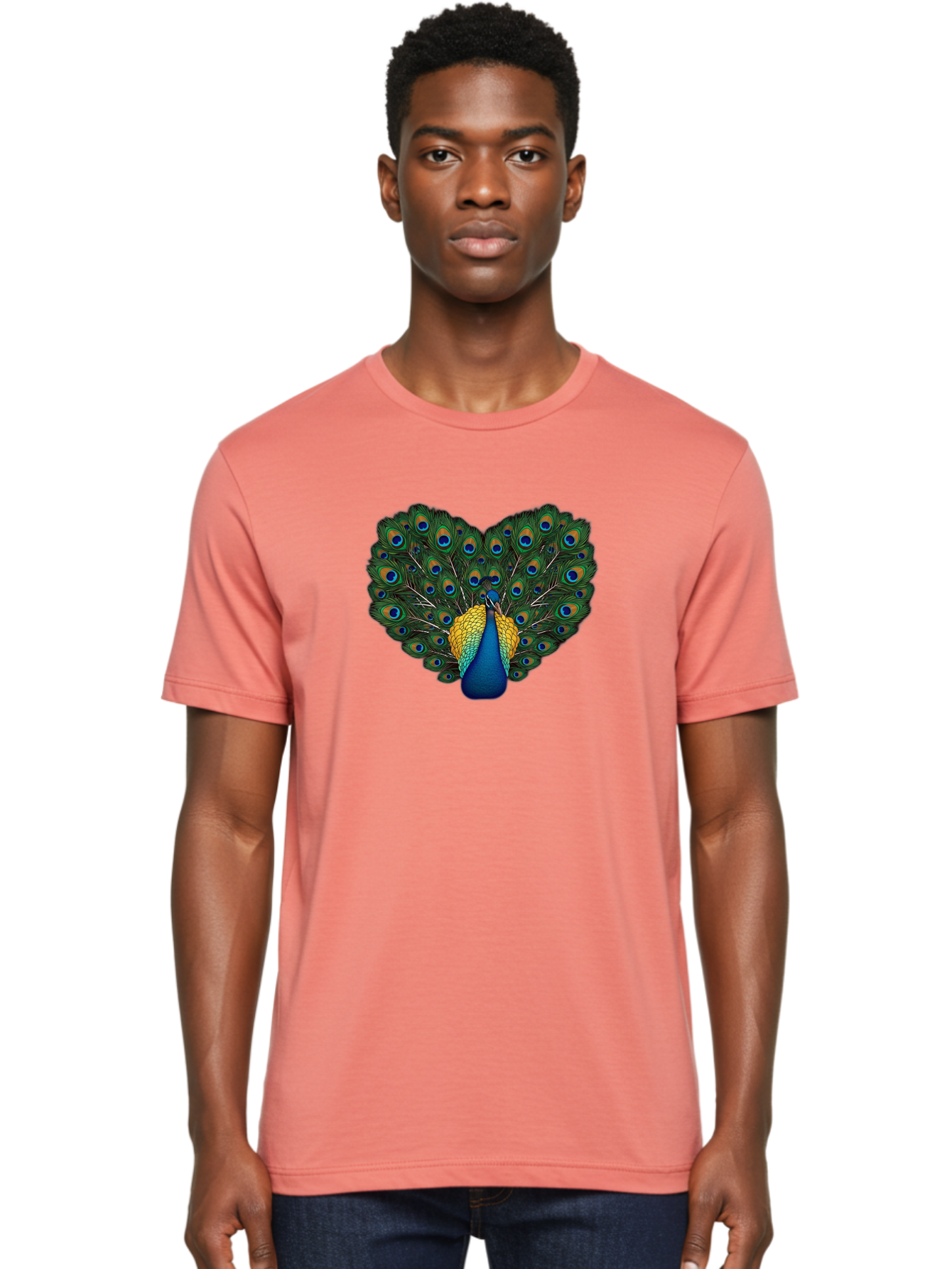 Peacock-Spreads-Tail Men'S Graphic Tee, 100% Cotton, Comfortable Casual Summer Wear, Machine Washable, Peacock Spreads Tail, Vibrant Feathers, Colorful Plumage, Blue And Gold, Eye-Catching Display, Majestic Bird, Ornate Patterns Bab130
