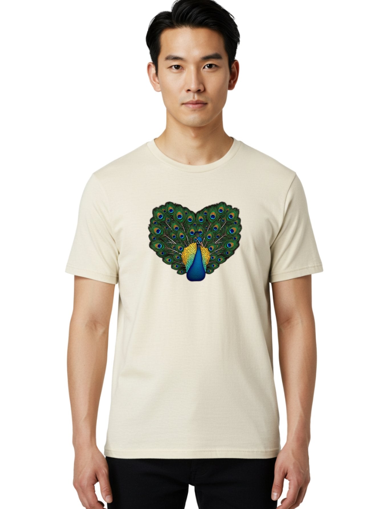Peacock-Spreads-Tail Men'S Graphic Tee, 100% Cotton, Comfortable Casual Summer Wear, Machine Washable, Peacock Spreads Tail, Vibrant Feathers, Colorful Plumage, Blue And Gold, Eye-Catching Display, Majestic Bird, Ornate Patterns Bab130 24