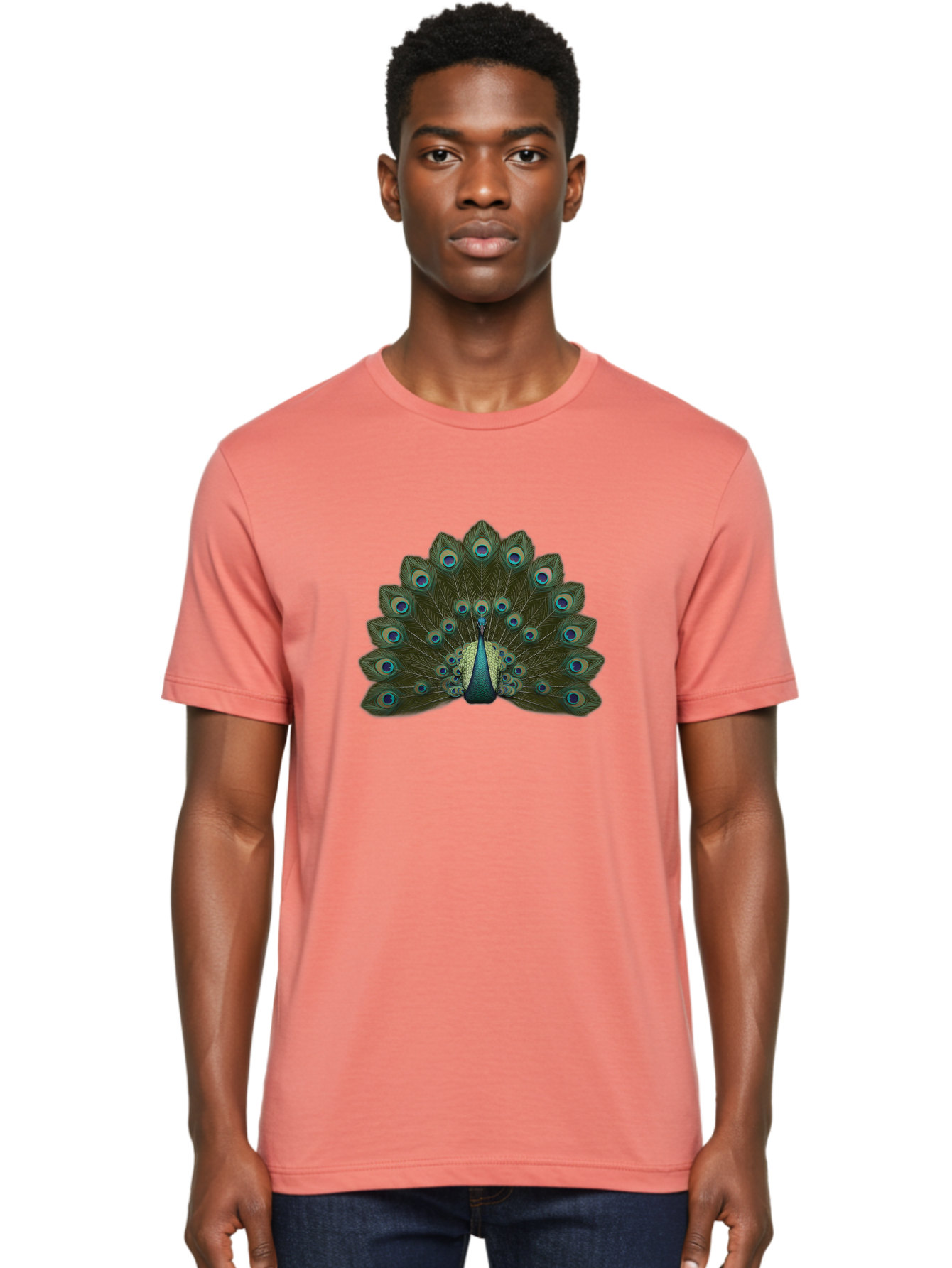 Peacock-Tail-Feathers-1 Men'S Graphic Tee, 100% Cotton, Comfortable Casual Summer Wear, Machine Washable, Peacock Feathers, Vibrant Colors, Blue And Green Hues, Eye-Catching Display, Exotic Bird, Wildlife Photography, Feathered Fan, Bab131