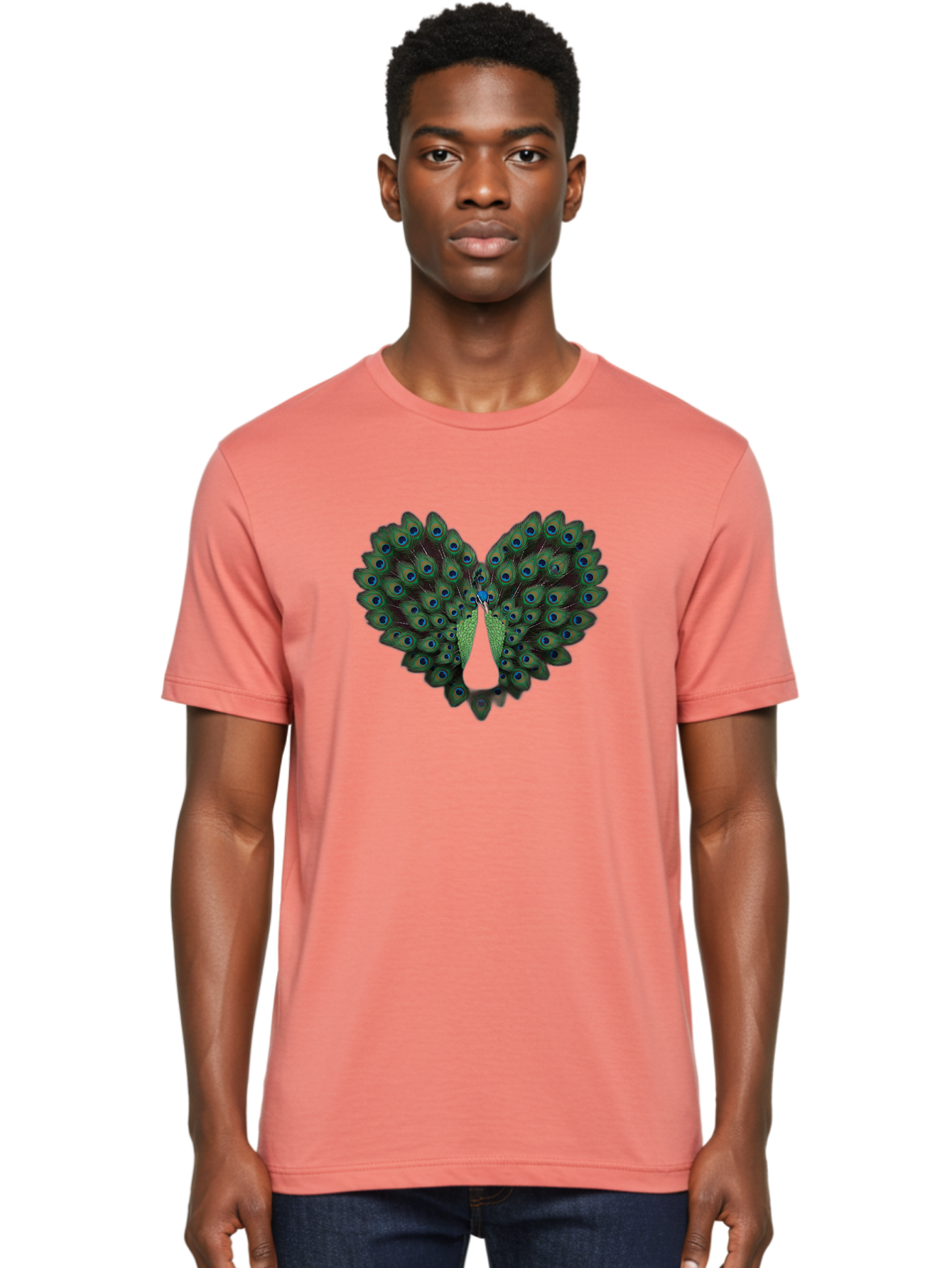 Peacock-Tail-Feathers-2 Men'S Graphic Tee, 100% Cotton, Comfortable Casual Summer Wear, Machine Washable, Peacock Tail Feathers, Vibrant Colors, Blue Eyespots, Green Plumage, Bird Display, Exotic Beauty, Wildlife Photography, Bab132