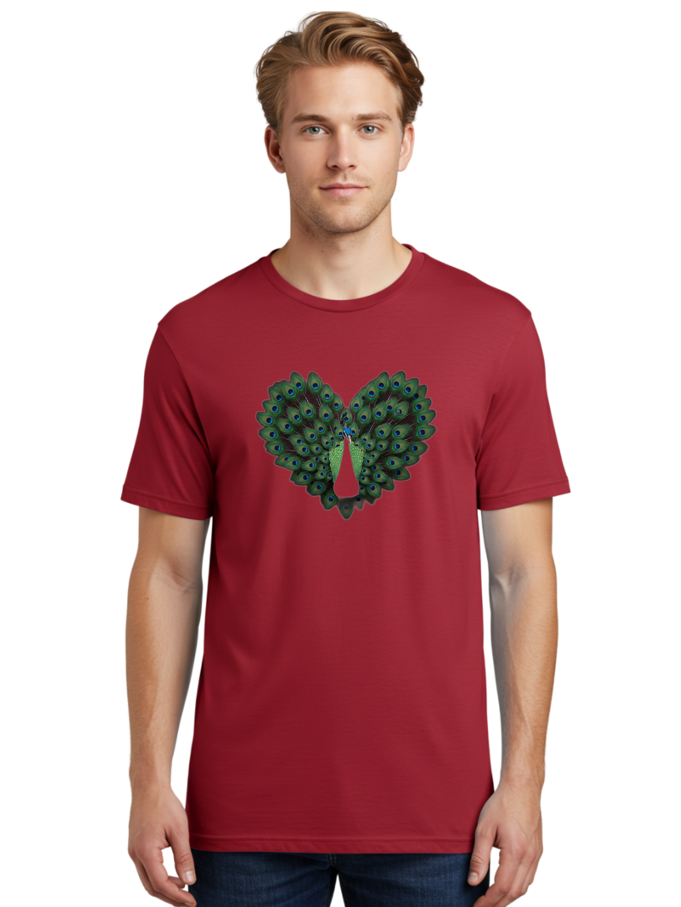 Peacock-Tail-Feathers-2 Men'S Graphic Tee, 100% Cotton, Comfortable Casual Summer Wear, Machine Washable, Peacock Tail Feathers, Vibrant Colors, Blue Eyespots, Green Plumage, Bird Display, Exotic Beauty, Wildlife Photography, Bab132 26