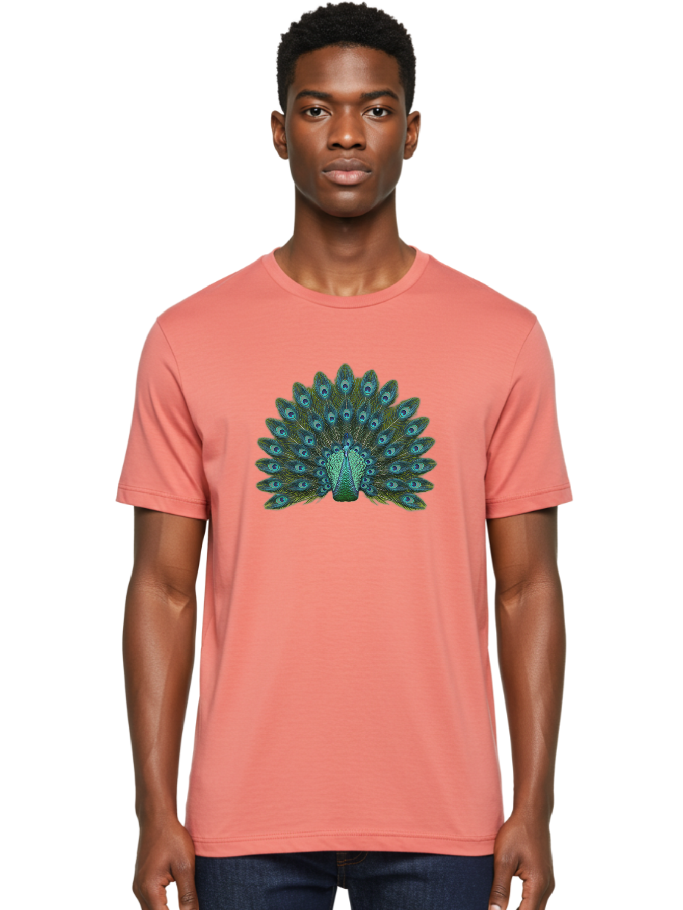 Peacock-Tail-Feathers Men'S Graphic Tee, 100% Cotton, Comfortable Casual Summer Wear, Machine Washable, Peacock Feathers, Blue And Green Plumage, Eye-Catching Display, Vibrant Colors, Intricate Patterns, Majestic Bird, Natural Beauty, Bab133