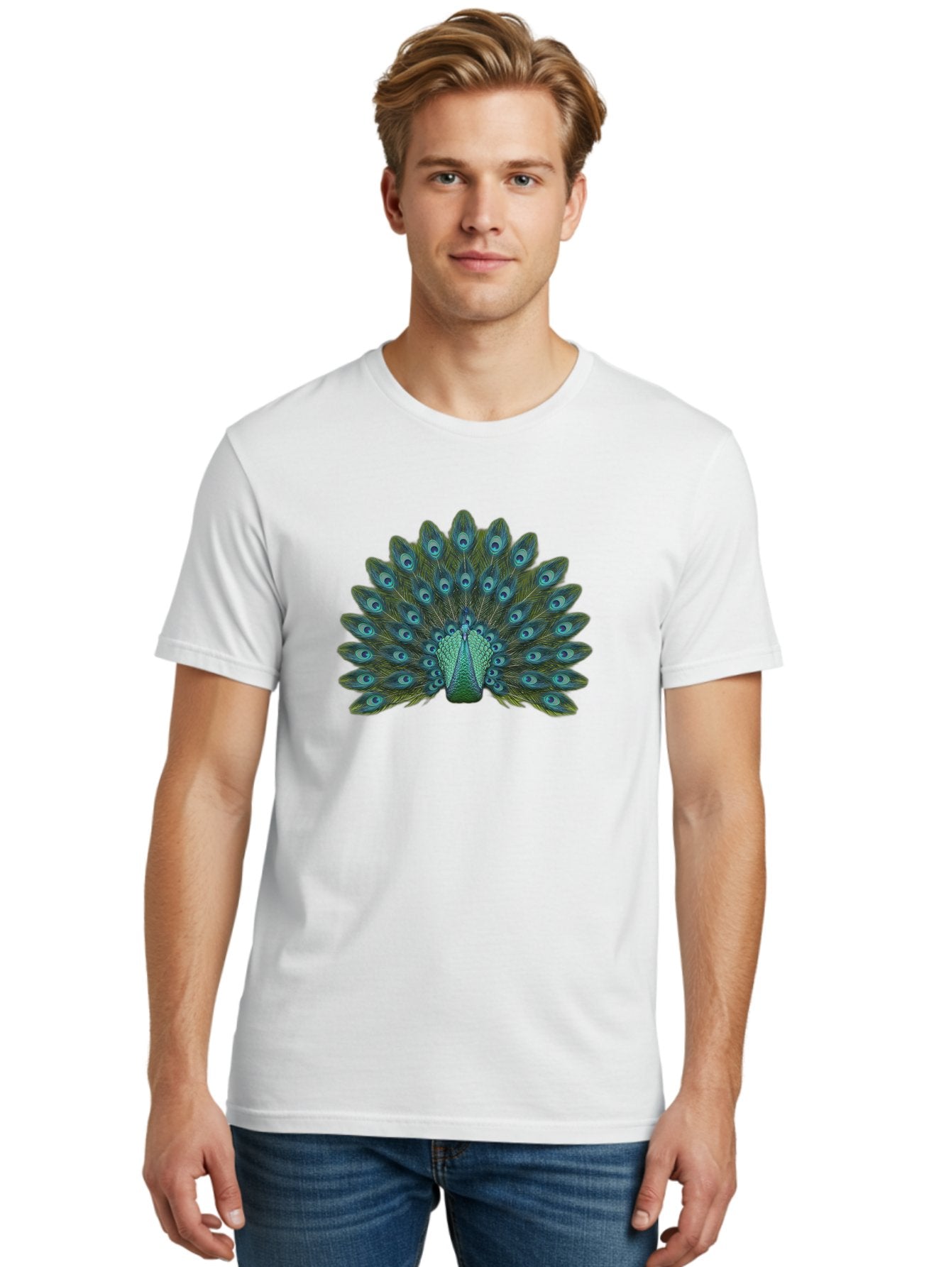 Peacock-Tail-Feathers Men'S Graphic Tee, 100% Cotton, Comfortable Casual Summer Wear, Machine Washable, Peacock Feathers, Blue And Green Plumage, Eye-Catching Display, Vibrant Colors, Intricate Patterns, Majestic Bird, Natural Beauty, Bab133 25