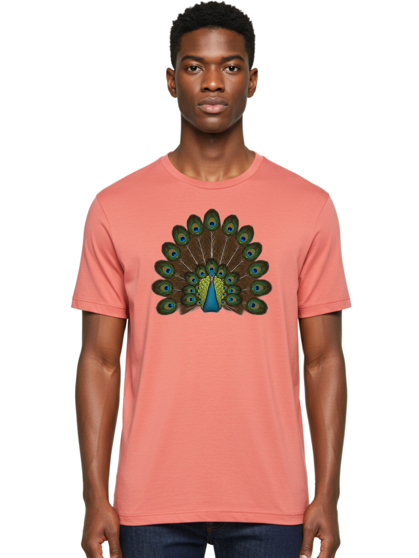 Peacock-Tail Men'S Graphic Tee, 100% Cotton, Comfortable Casual Summer Wear, Machine Washable, Peacock Feathers, Colorful Plumage, Vibrant Blues And Greens, Eye-Catching Display, Intricate Patterns, Majestic Bird, Ornate Decoration, Bab134